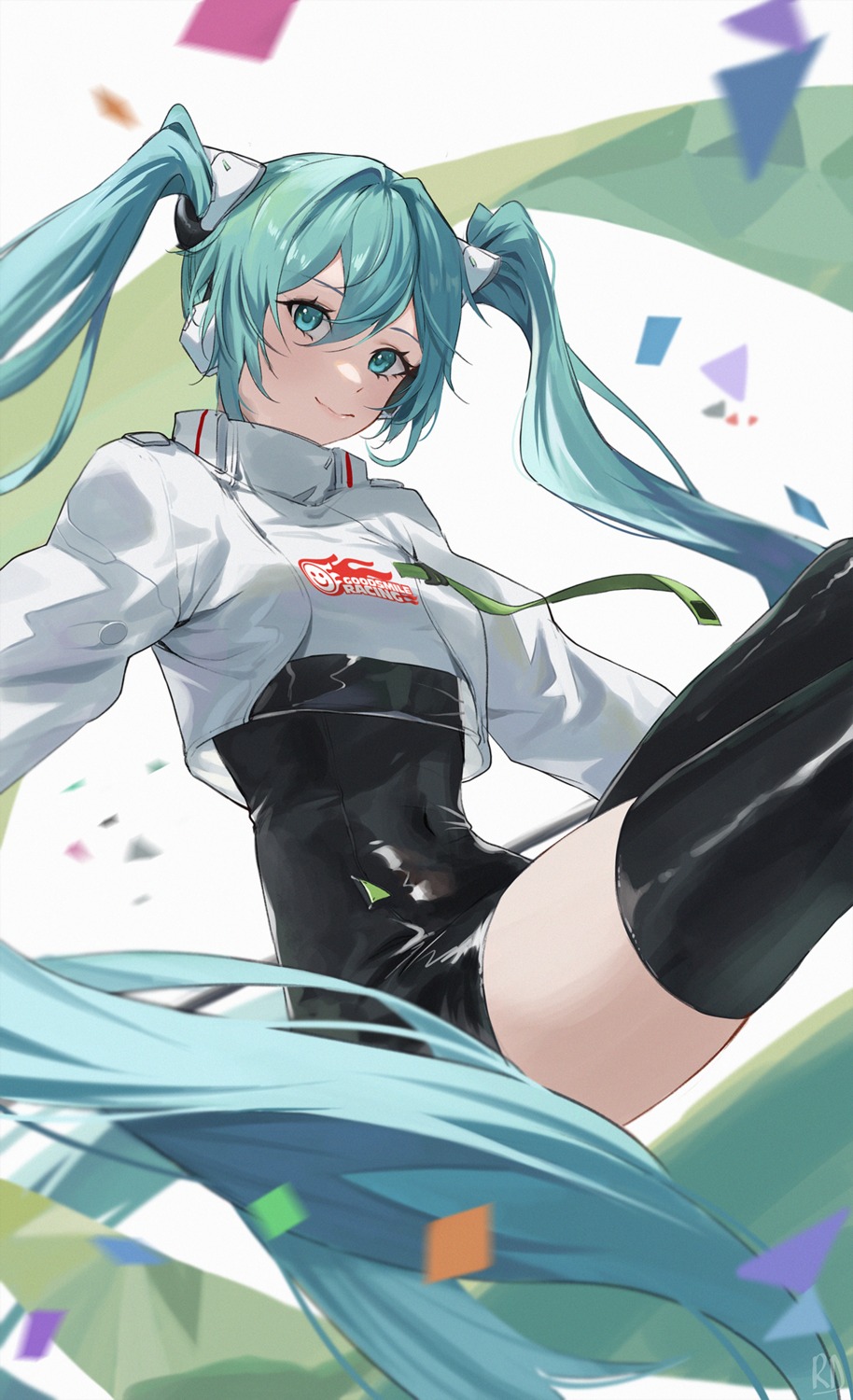 bodysuit, goodsmile_racing, hatsune_miku, headphones, racing_miku, ryudraw, thighhighs, vocaloid