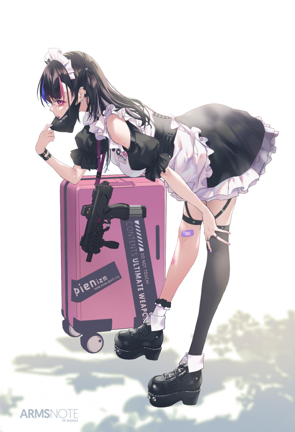 arms_note, bandaid, fukai_ryosuke, garter, gun, maid, thighhighs
