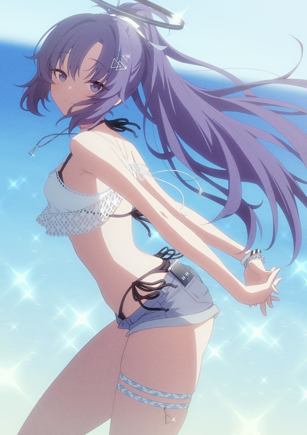 amochin, bikini, blue_archive, fishnets, garter, halo, hayase_yuuka, swimsuits