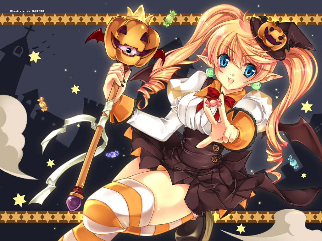 dress, elf, halloween, hareko, pointy_ears, thighhighs, wallpaper, witch