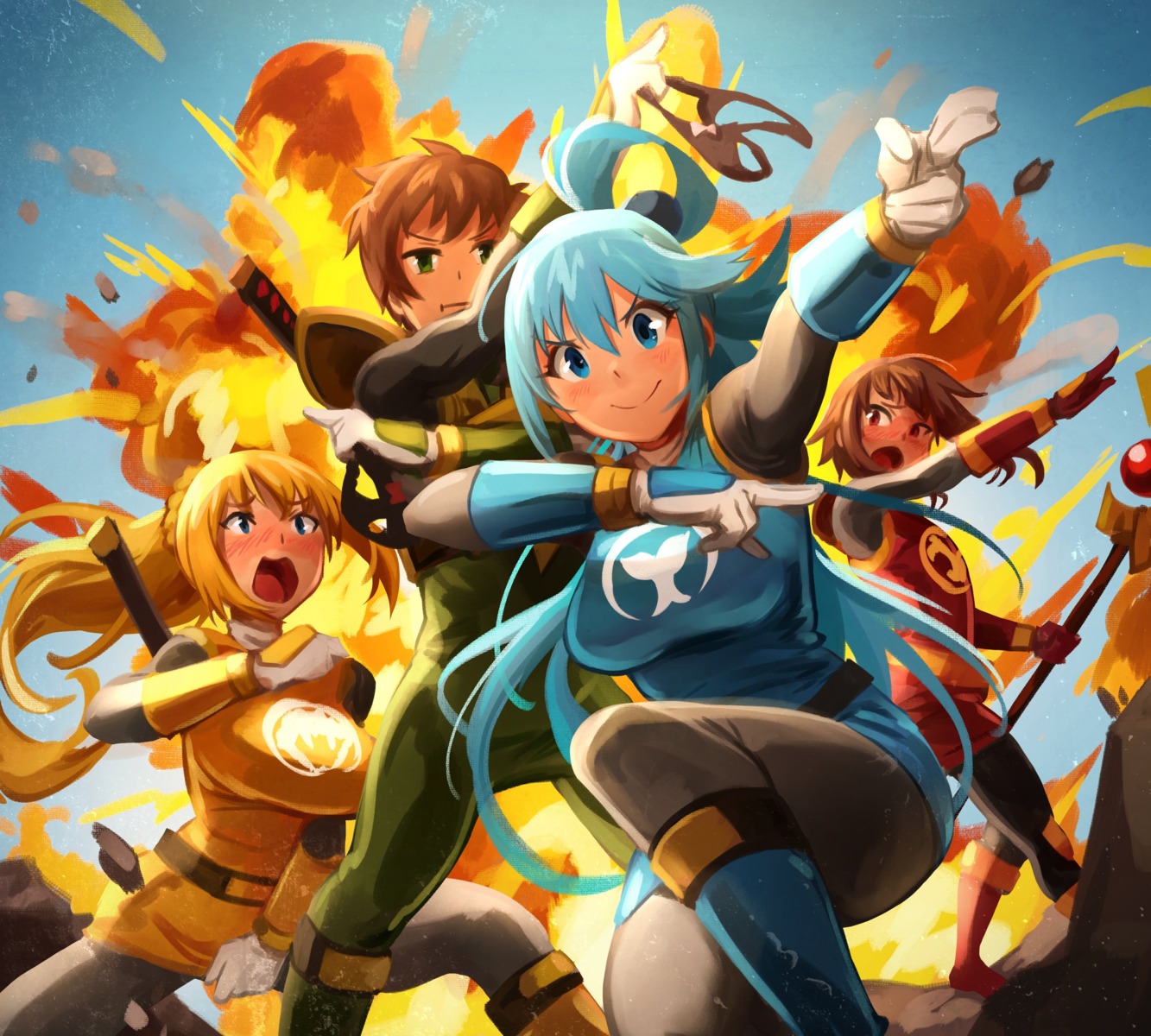 aqua_(konosuba), armor, bodysuit, dustiness_ford_raratina, khyle., kono_subarashii_sekai_ni_shukufuku_wo!, megumin, satou_kazuma