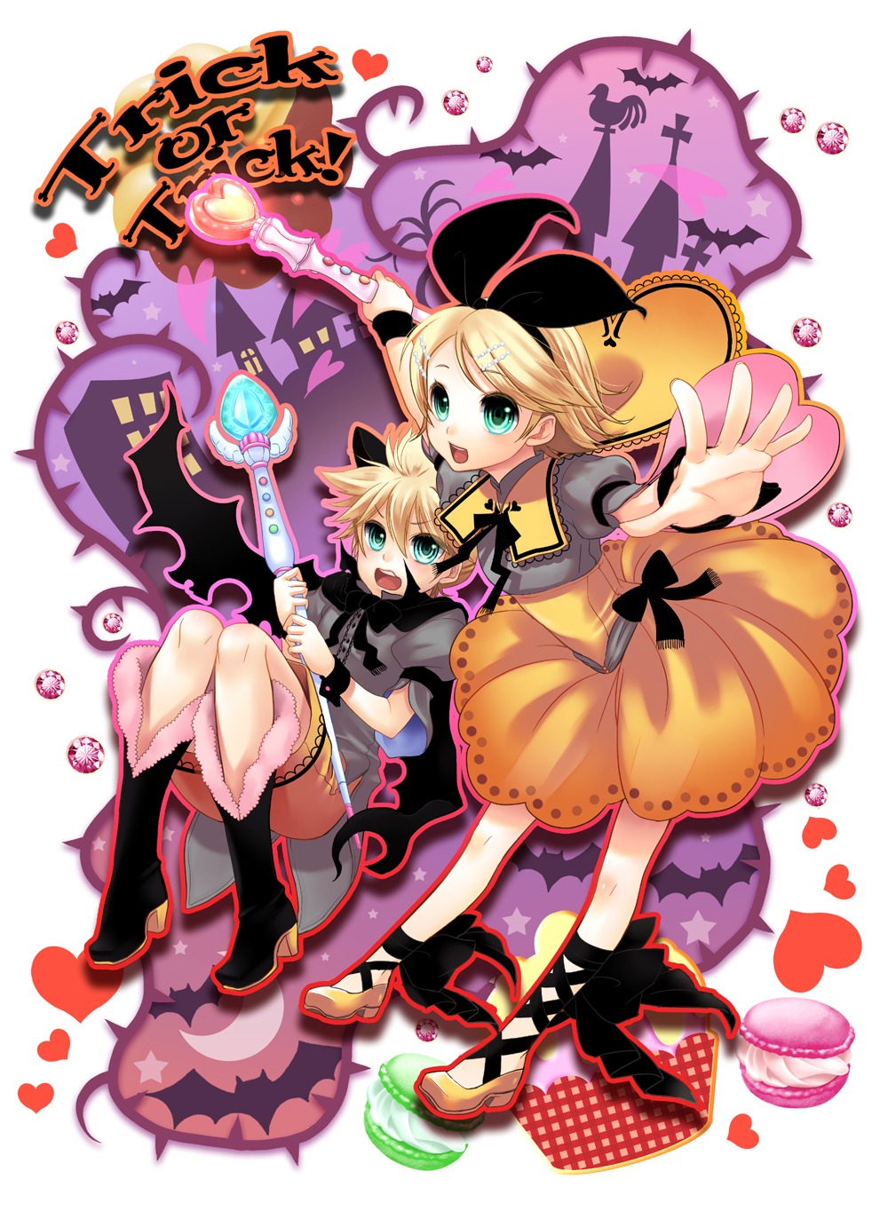 dress, halloween, kagamine_len, kagamine_rin, tamara, vocaloid, wings