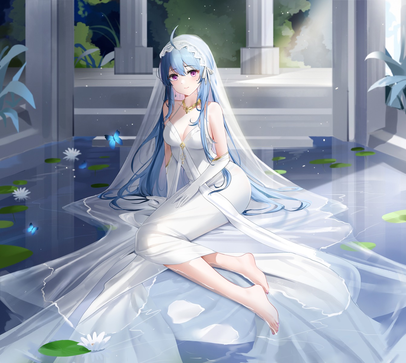 azur_lane, dress, helena_(azur_lane), no_bra, qing_wu, wedding_dress, wet