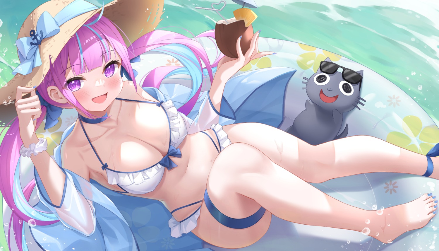 bikini, garter, hololive, keikei, minato_aqua, open_shirt, see_through, swimsuits