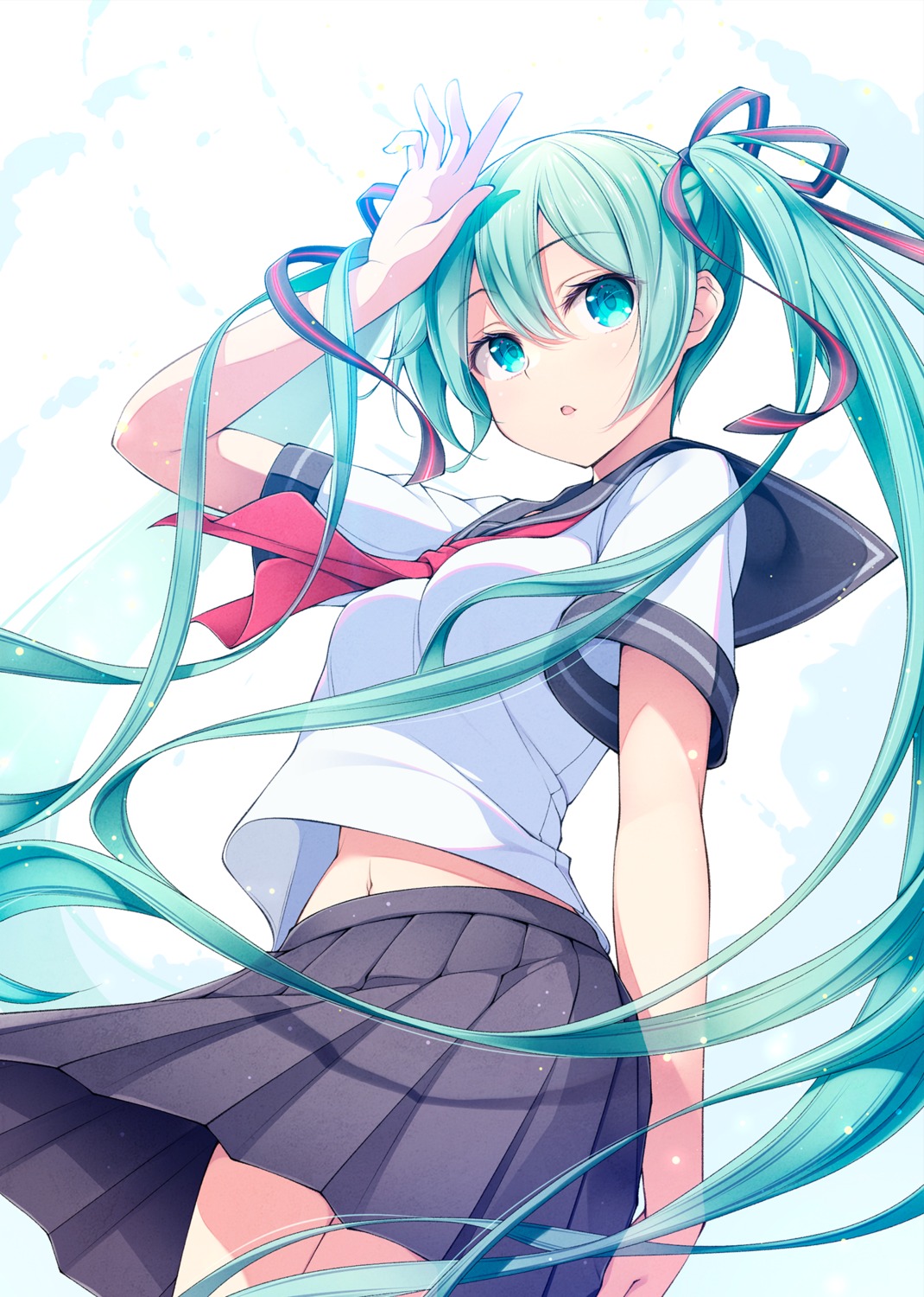 hatsune_miku, matsuuni, seifuku, skirt_lift, vocaloid
