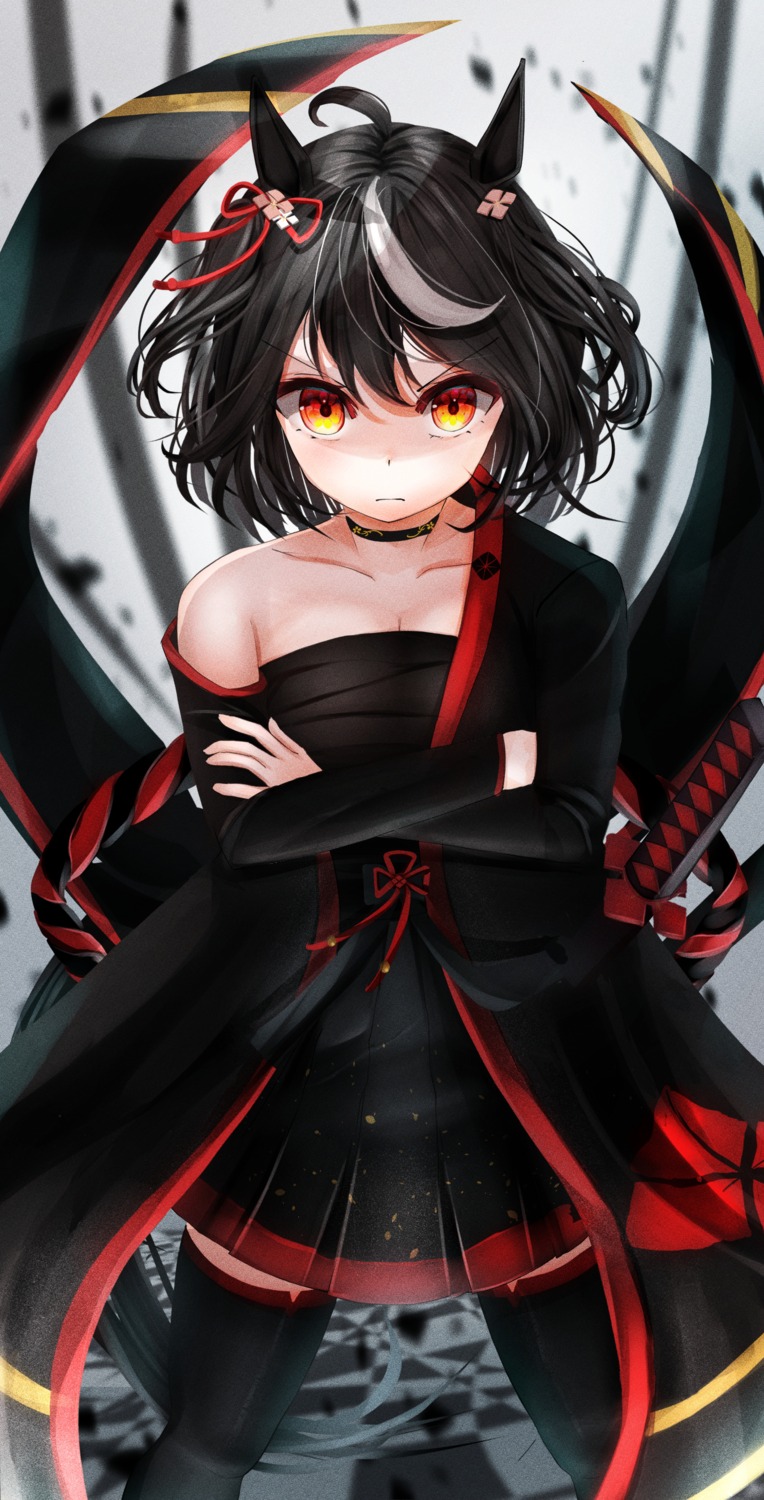 animal_ears, fujimoto_setsuna, japanese_clothes, kitasan_black_(umamusume), sarashi, sword, tail, thighhighs, uma_musume_pretty_derby