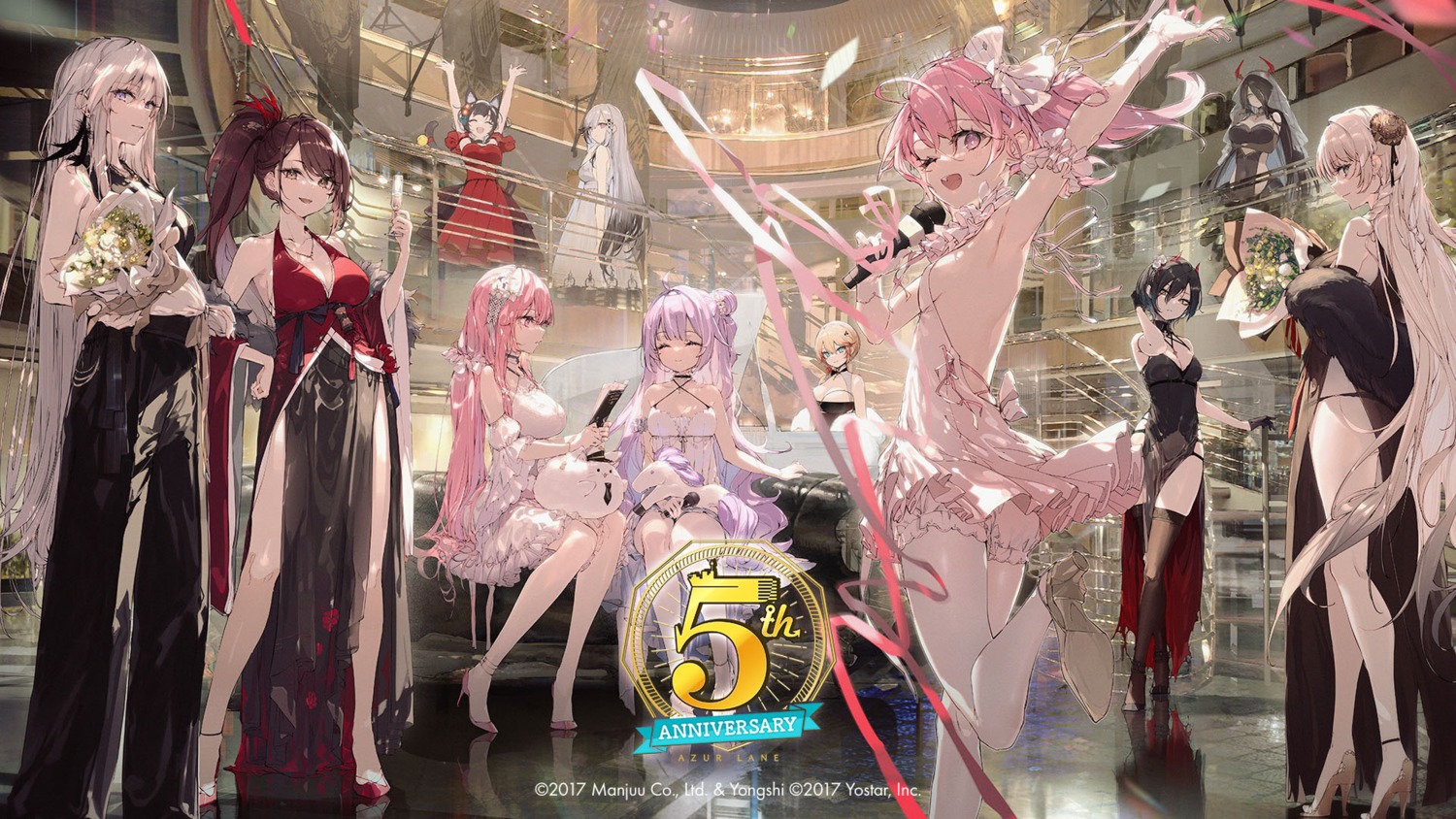 animal_ears, azur_lane, belfast_(azur_lane), bloomers, cleavage, dress, dunkerque_(azur_lane), enterprise_(azur_lane), friedrich_der_grosse_(azur_lane), garter, heels, horns, howe_(azur_lane), no_bra, perseus_(azur_lane), saratoga_(azur_lane), skirt_lift, tagme, thighhighs, ulrich_von_hutten_(azur_lane), unicorn_(azur_lane), wallpaper, yamashiro_(azur_lane), zuikaku_(azur_lane)