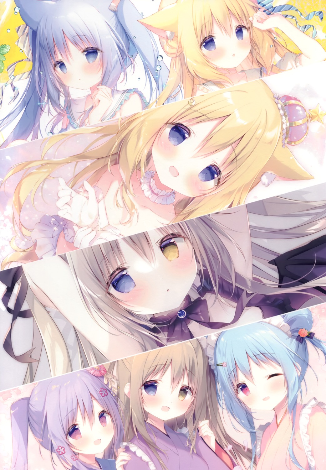 akizora_mai, animal_ears, aoi_momoka, cornet_(shiratama), heterochromia, kozakura_hirari, maid, nekomimi, shiratama, shiratamaco, tsurara_(shiratama), wa_maid