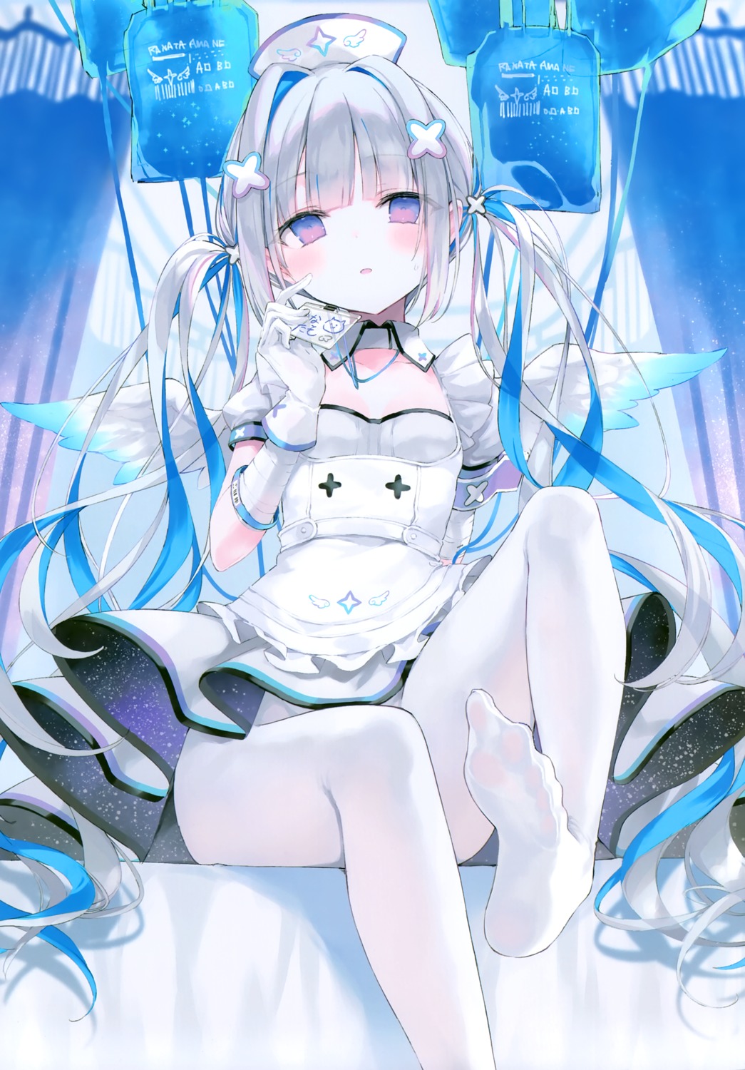 amane_kanata, feet, hololive, luna_berry, nana_(luna_berry), nurse, pantyhose, wings