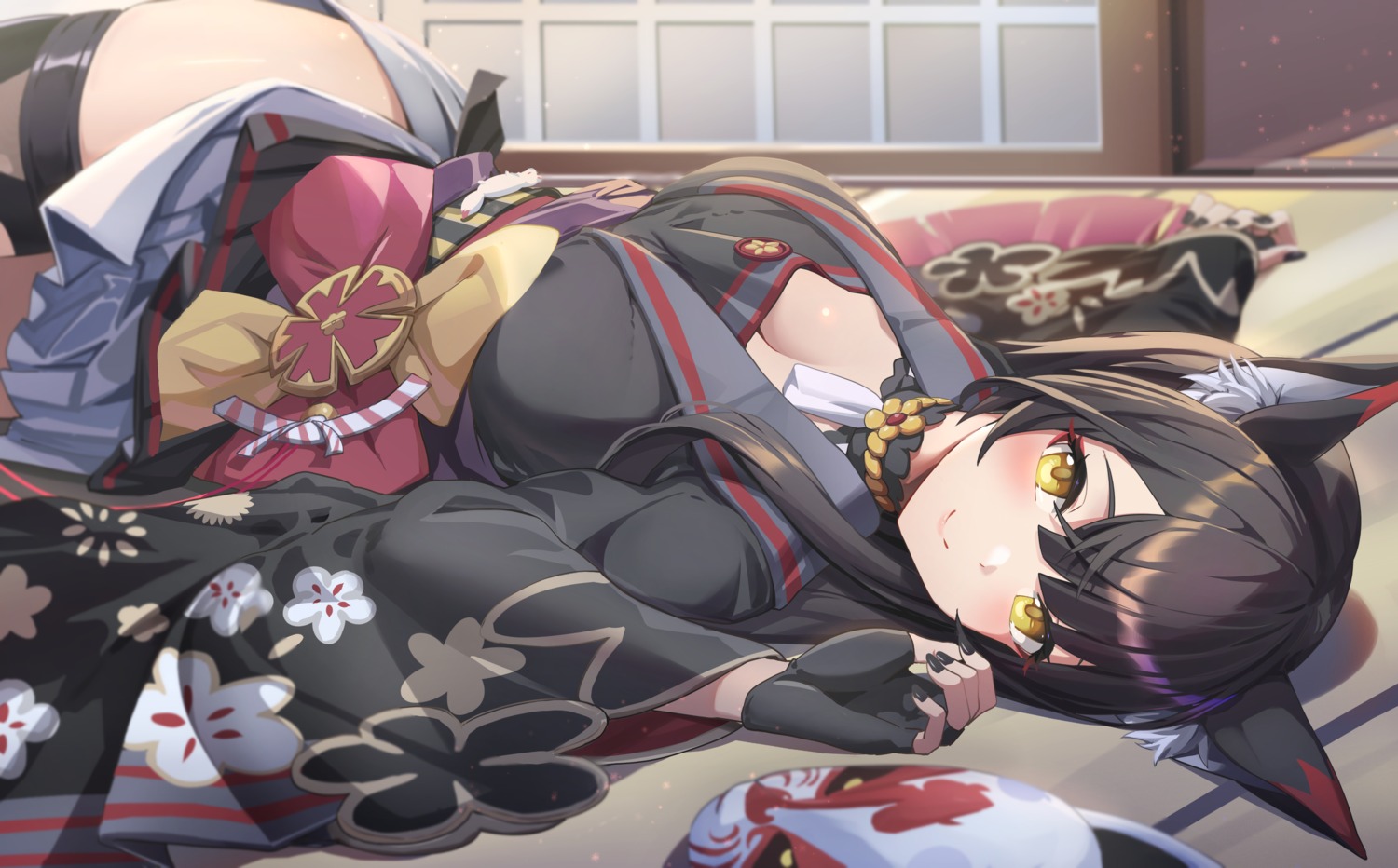animal_ears, blue_archive, cleavage, japanese_clothes, kitsune, kosaka_wakamo, reulem, skirt_lift