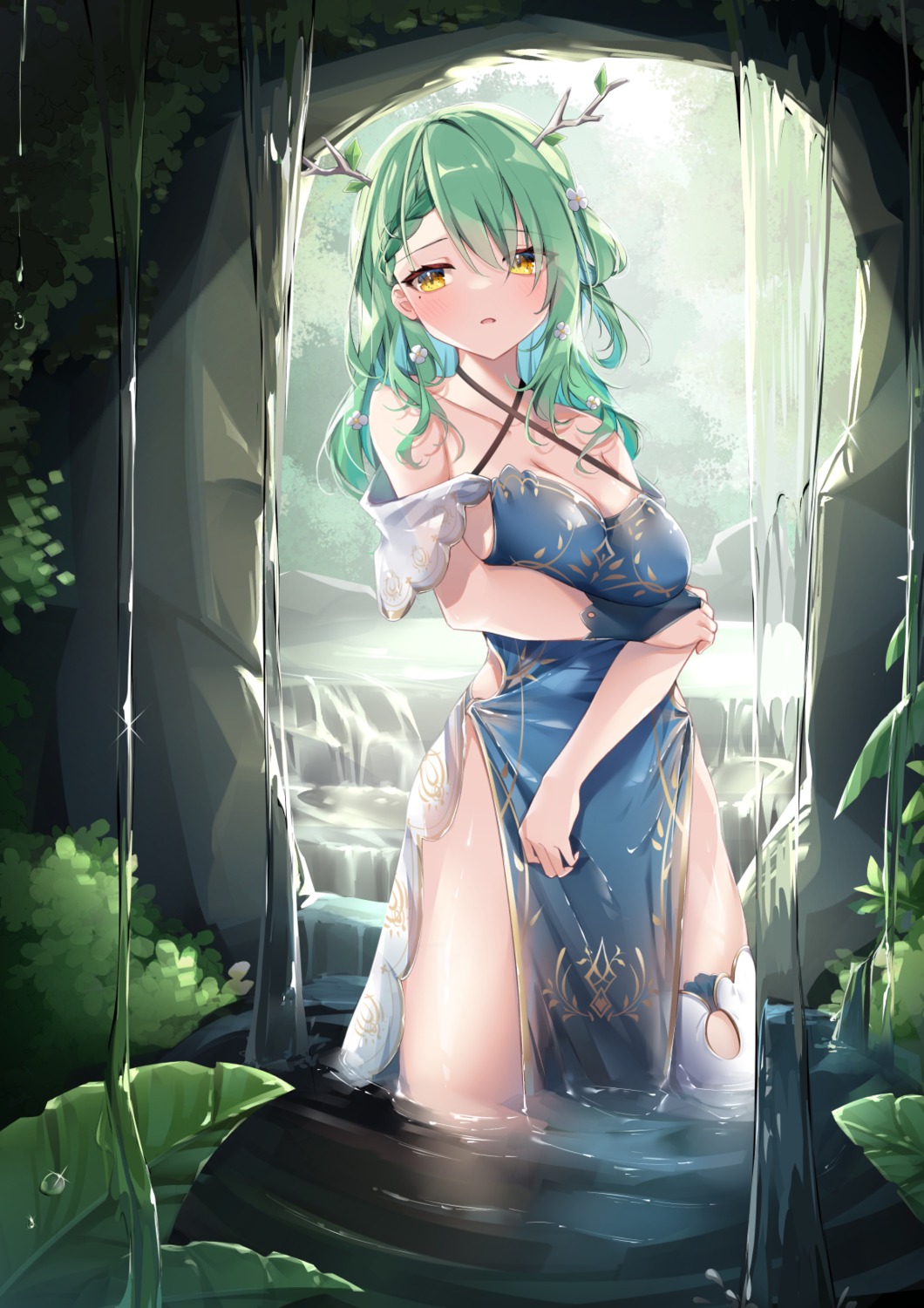 ceres_fauna, chinadress, cleavage, hololive, hololive_english, horns, no_bra, see_through, thighhighs, umou_(may65879), wet