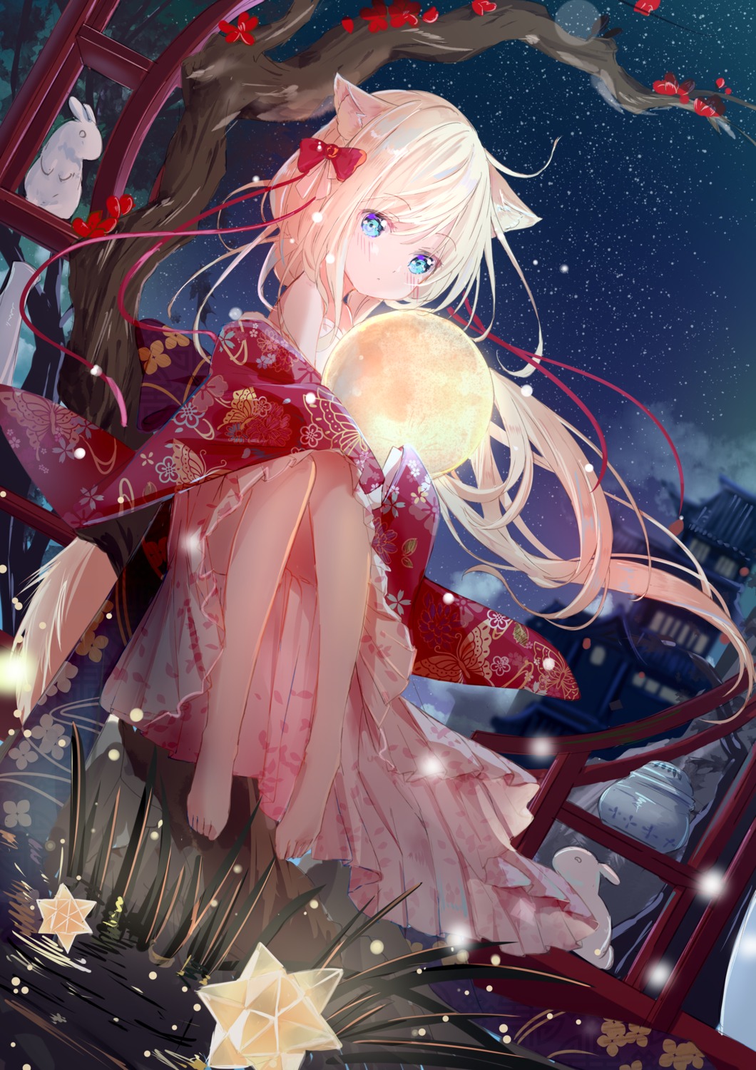 animal_ears, feet, japanese_clothes, nekomimi, peas_(peas0125), skirt_lift