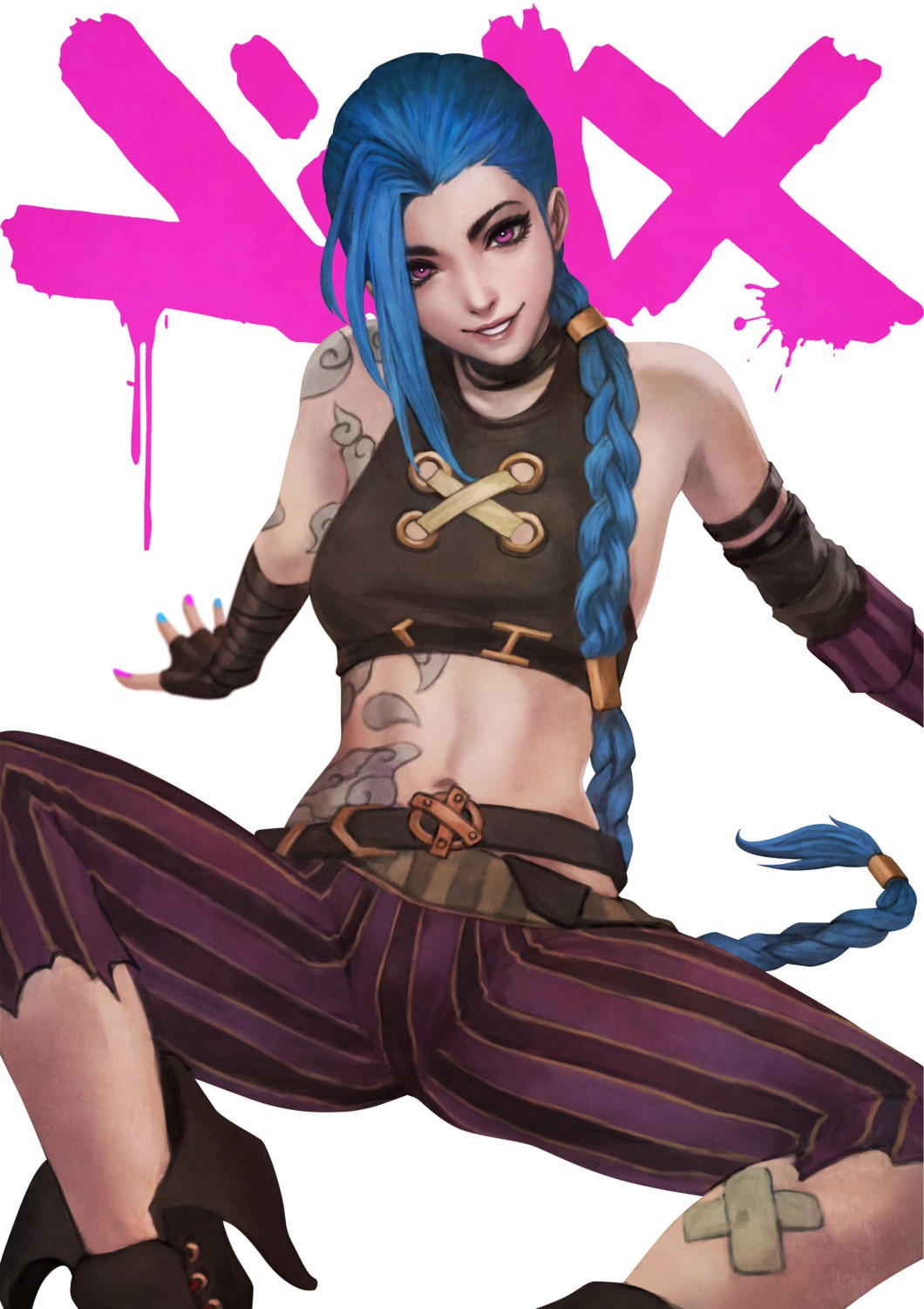 bandages, bandaid, jinx, league_of_legends, monori_rogue, tattoo, torn_clothes