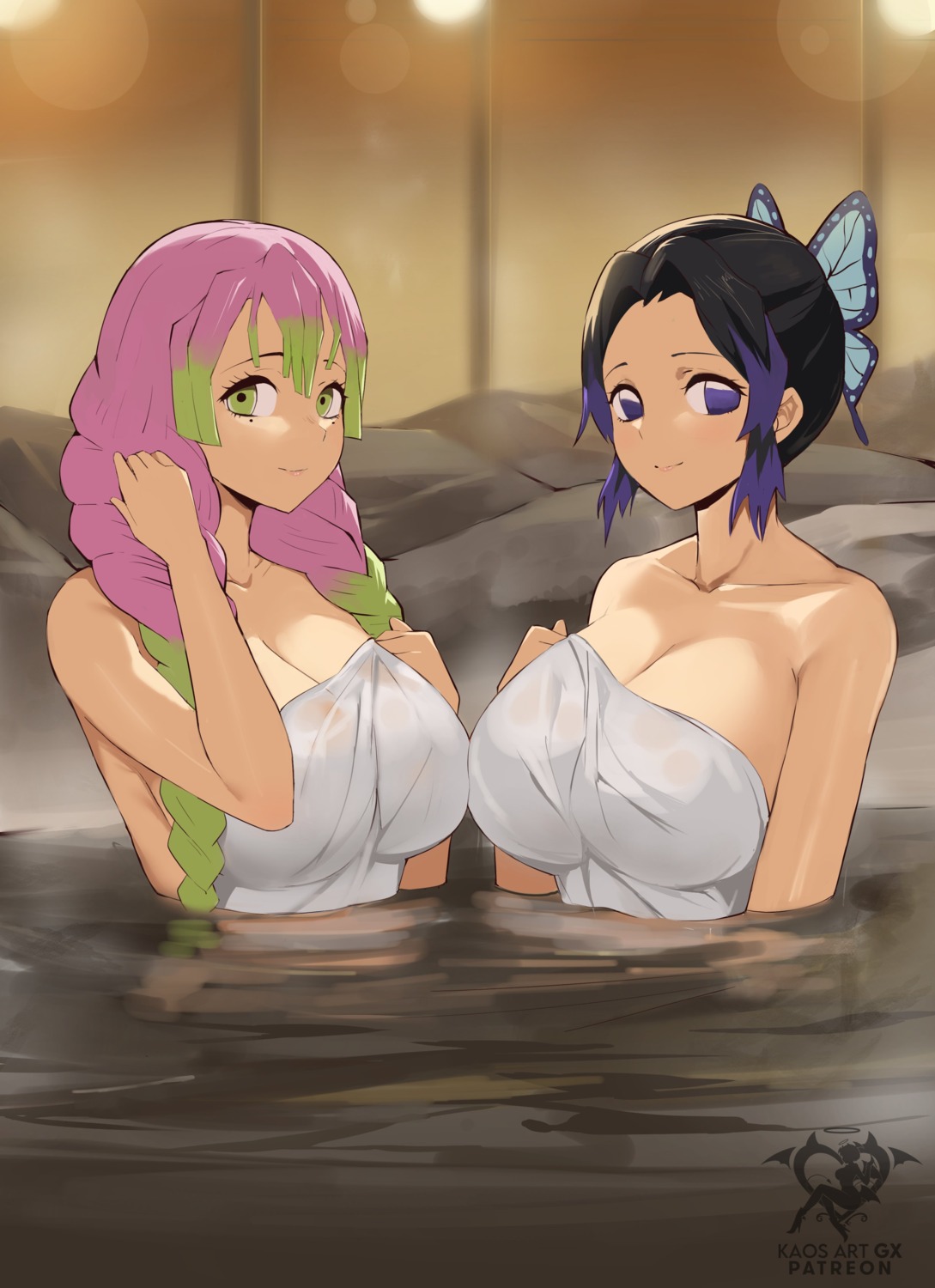 bathing, kanroji_mitsuri, kaos_art, kimetsu_no_yaiba, kochou_shinobu, onsen, towel, wet