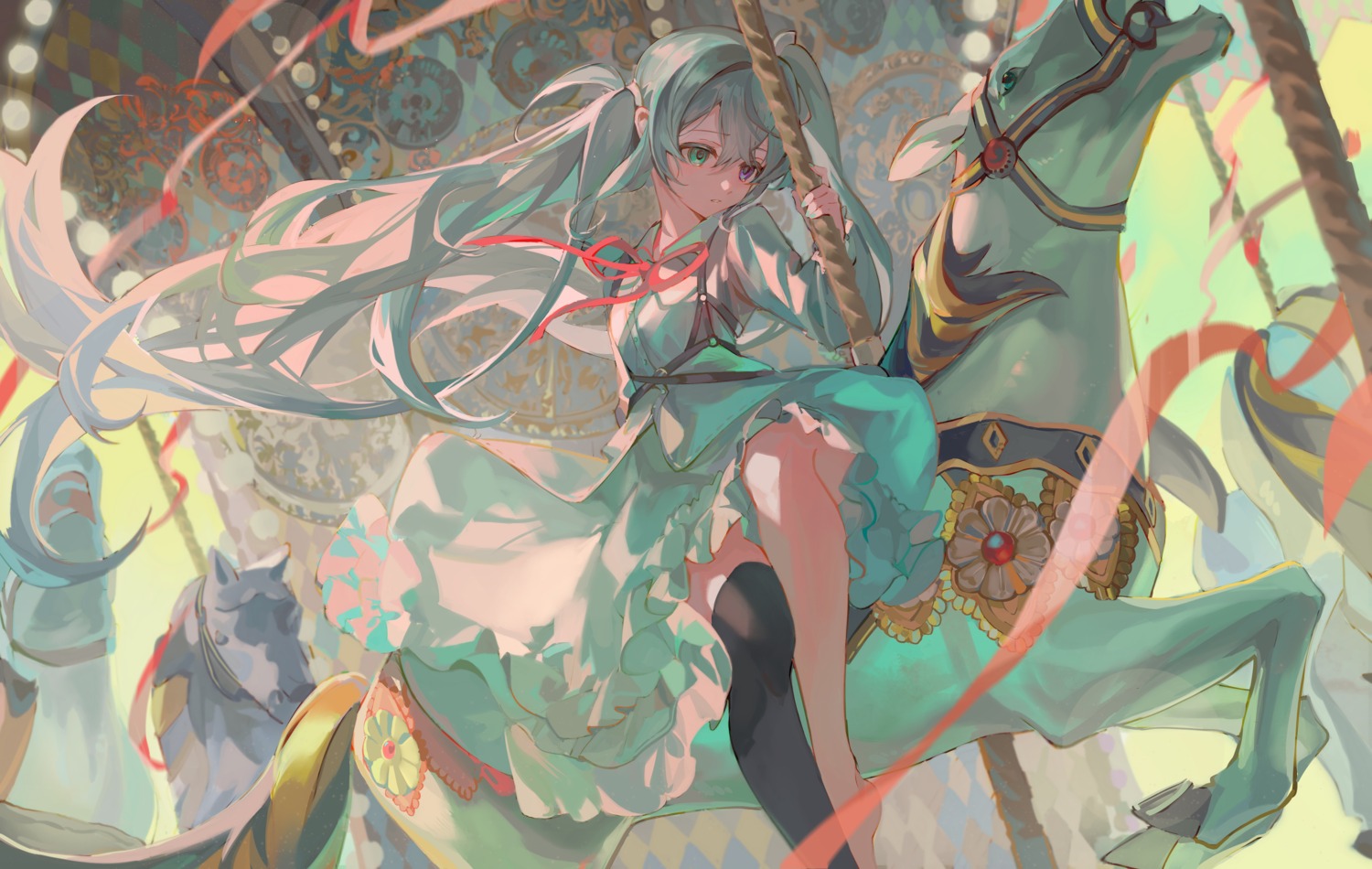 hatsune_miku, heterochromia, hlymoriia, skirt_lift, thighhighs, vocaloid
