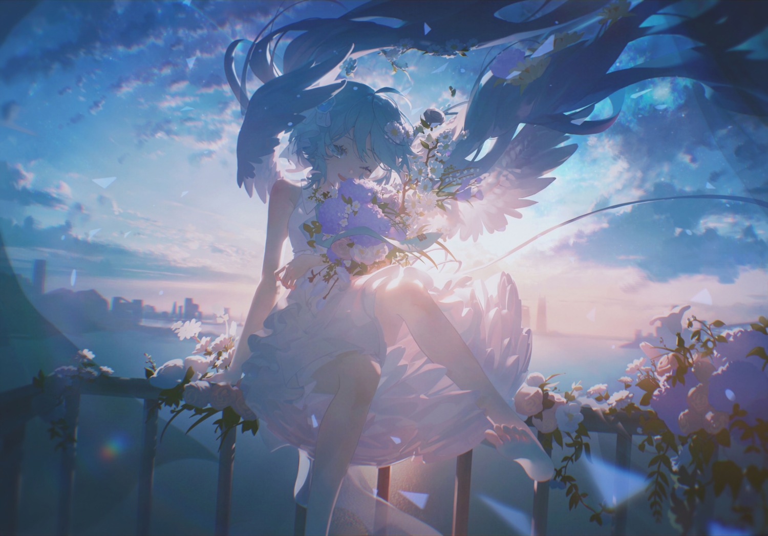 dress, hatsune_miku, konya_karasue, skirt_lift, vocaloid, wings