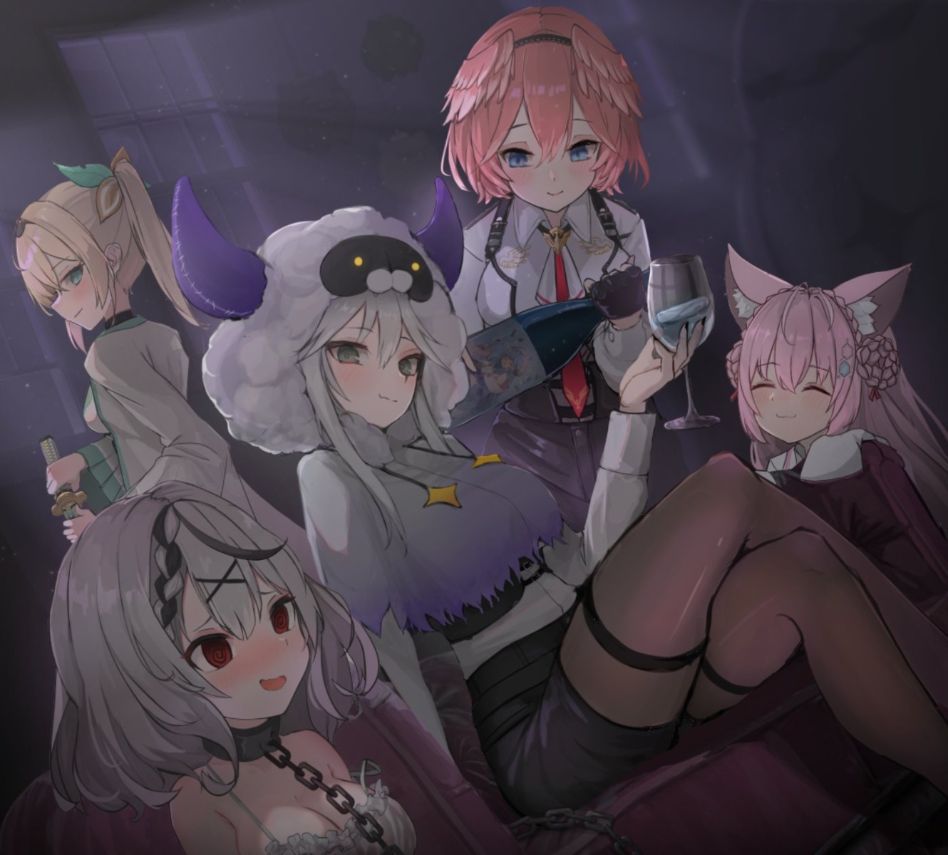 animal_ears, cleavage, hakui_koyori, hololive, horns, japanese_clothes, kazama_iroha, pantyhose, sakamata_chloe, shishiro_botan, solarisu, sword, takane_lui, uniform, wings, yukihana_lamy