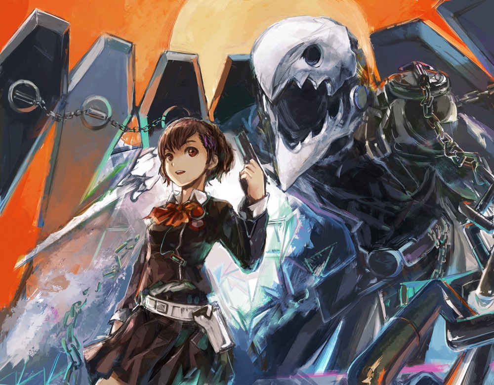 conjaku, female_protagonist_(p3), gun, megaten, persona, persona_3, seifuku, thanatos_(p3)