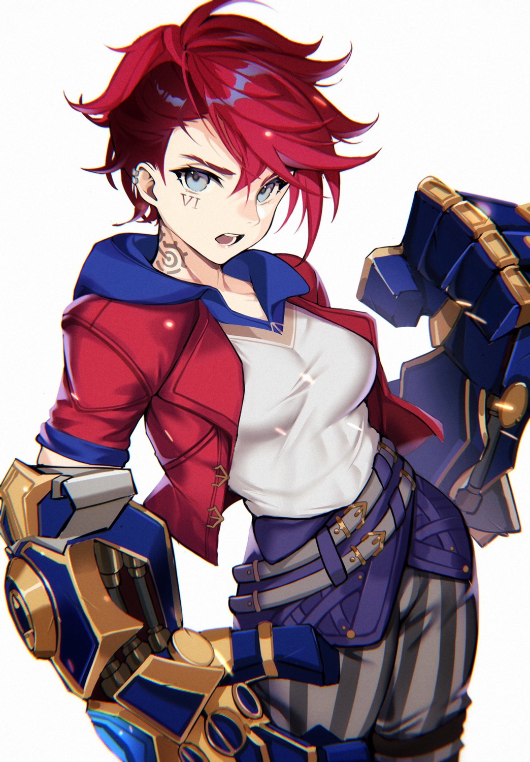 armor, kiyochii, league_of_legends, tattoo, vi_(league_of_legends)