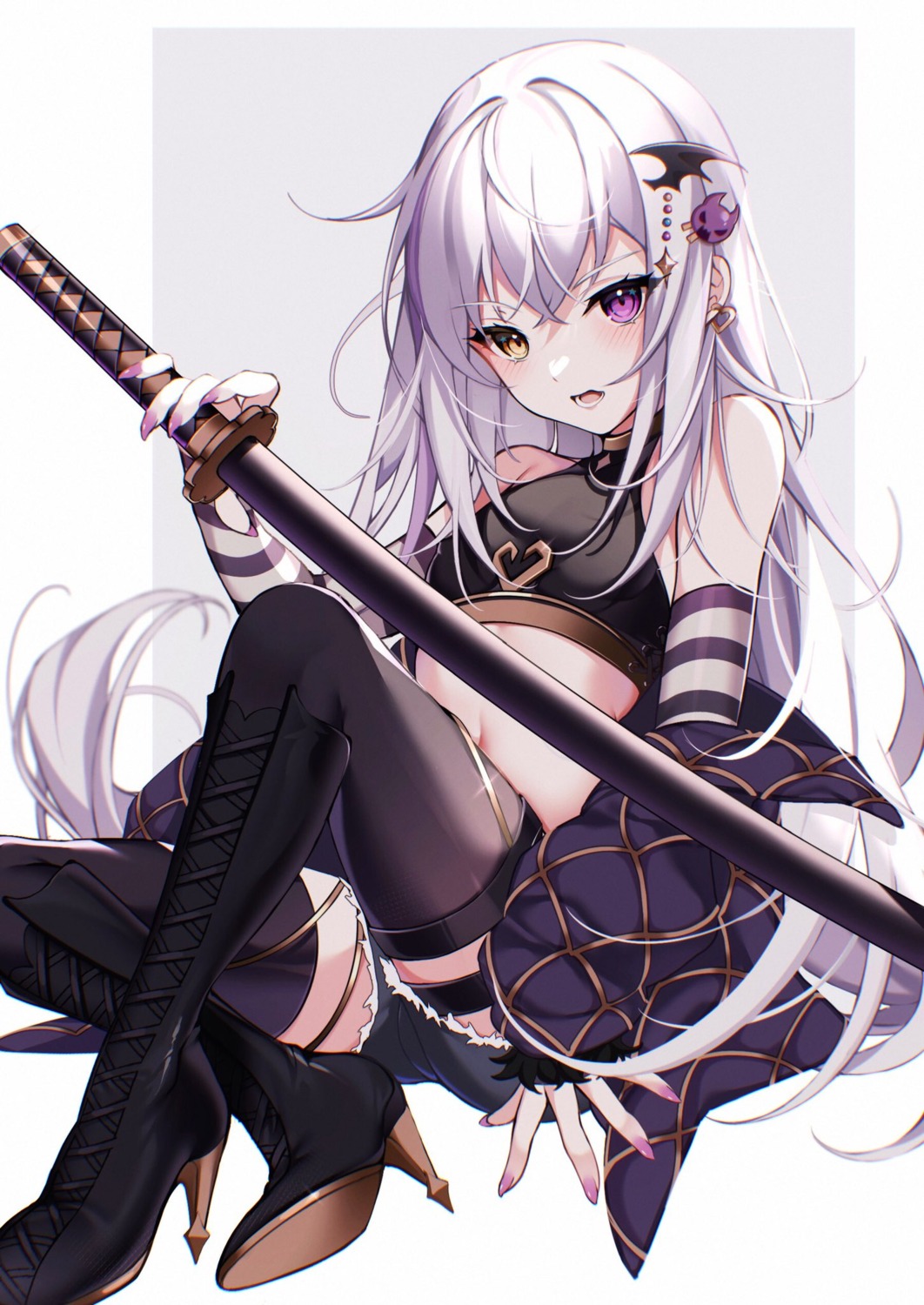garter, heels, heterochromia, kiyochii, mefelis_hex, sword, thighhighs