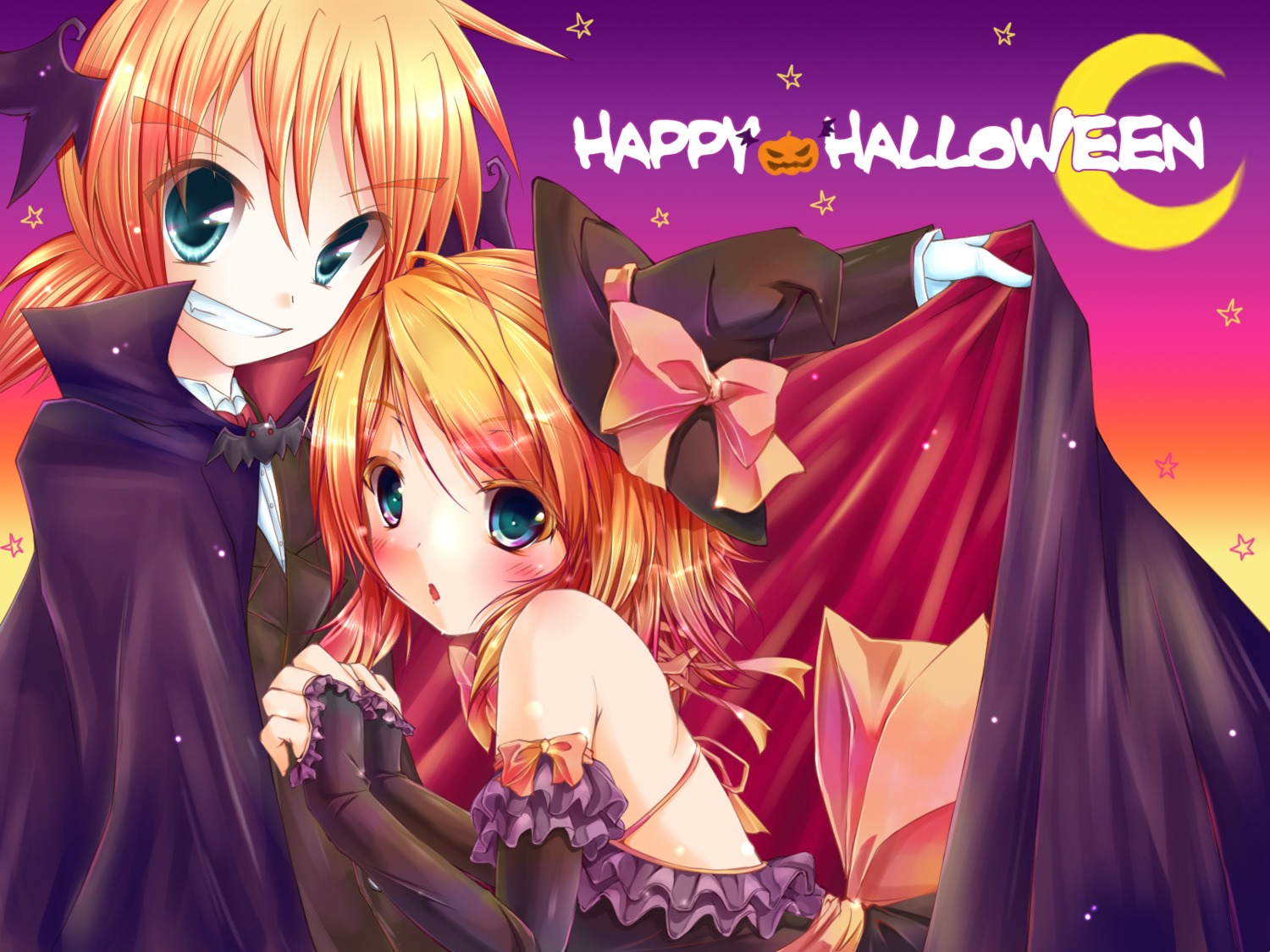 dress, halloween, kagamine_len, kagamine_rin, meiya_neon, vocaloid, wallpaper