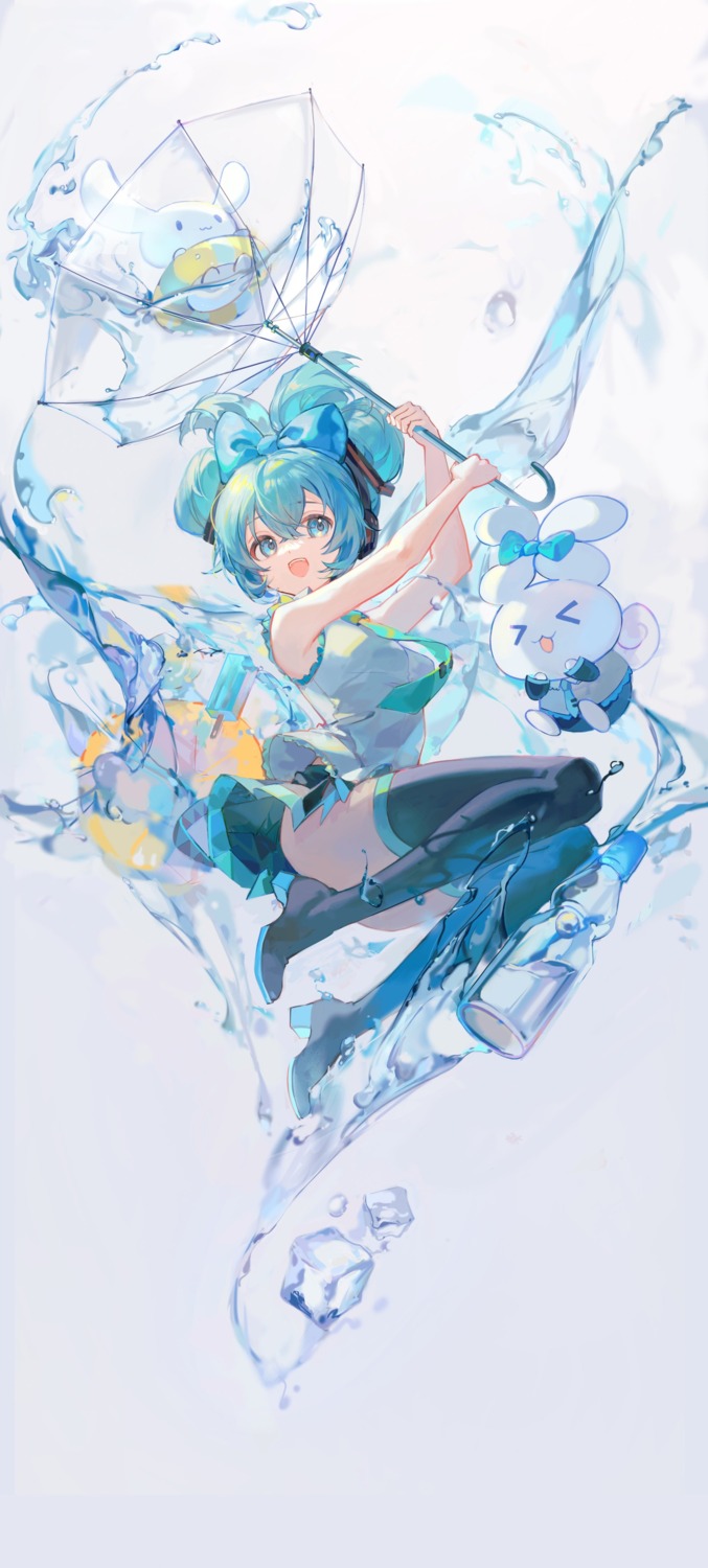 cinnamiku, cinnamoroll, crossover, hatsune_miku, headphones, heels, hlymoriia, sanrio, skirt_lift, thighhighs, umbrella, vocaloid