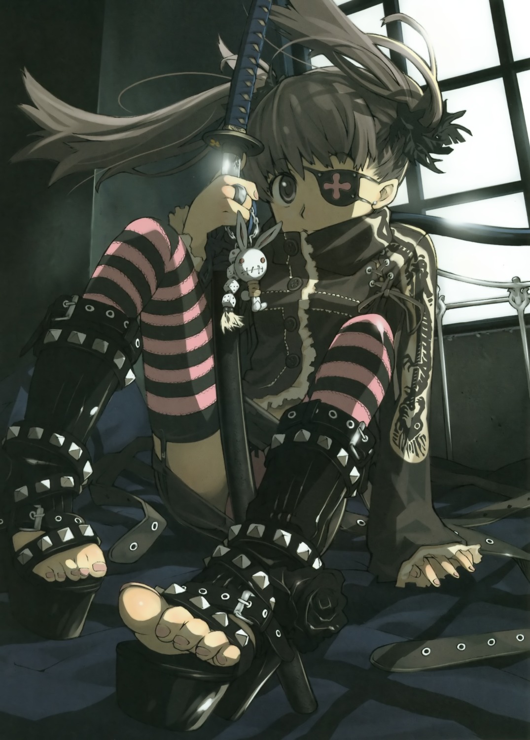 eyepatch, feet, haku_(sabosoda), pantsu, stockings, sword, thighhighs