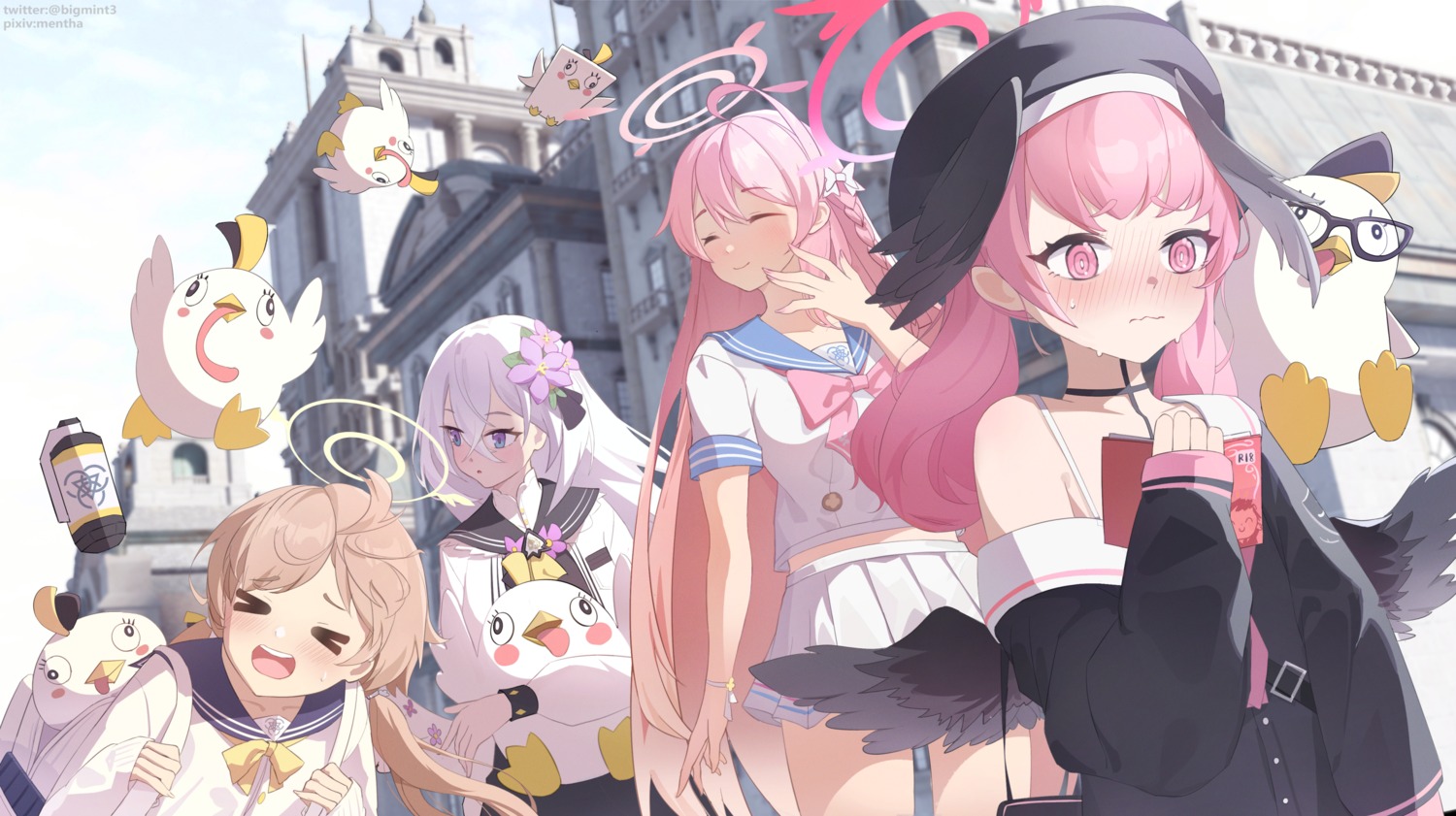 ajitani_hifumi, angel, blue_archive, halo, megane, mentha, seifuku, shimoe_koharu, shirasu_azusa, sweater, urawa_hanako, wings