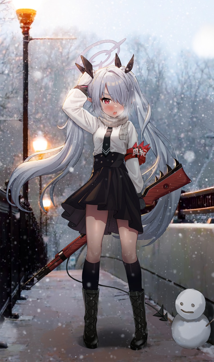 blue_archive, gun, halo, loloco, pointy_ears, seifuku, shiromi_iori, tail