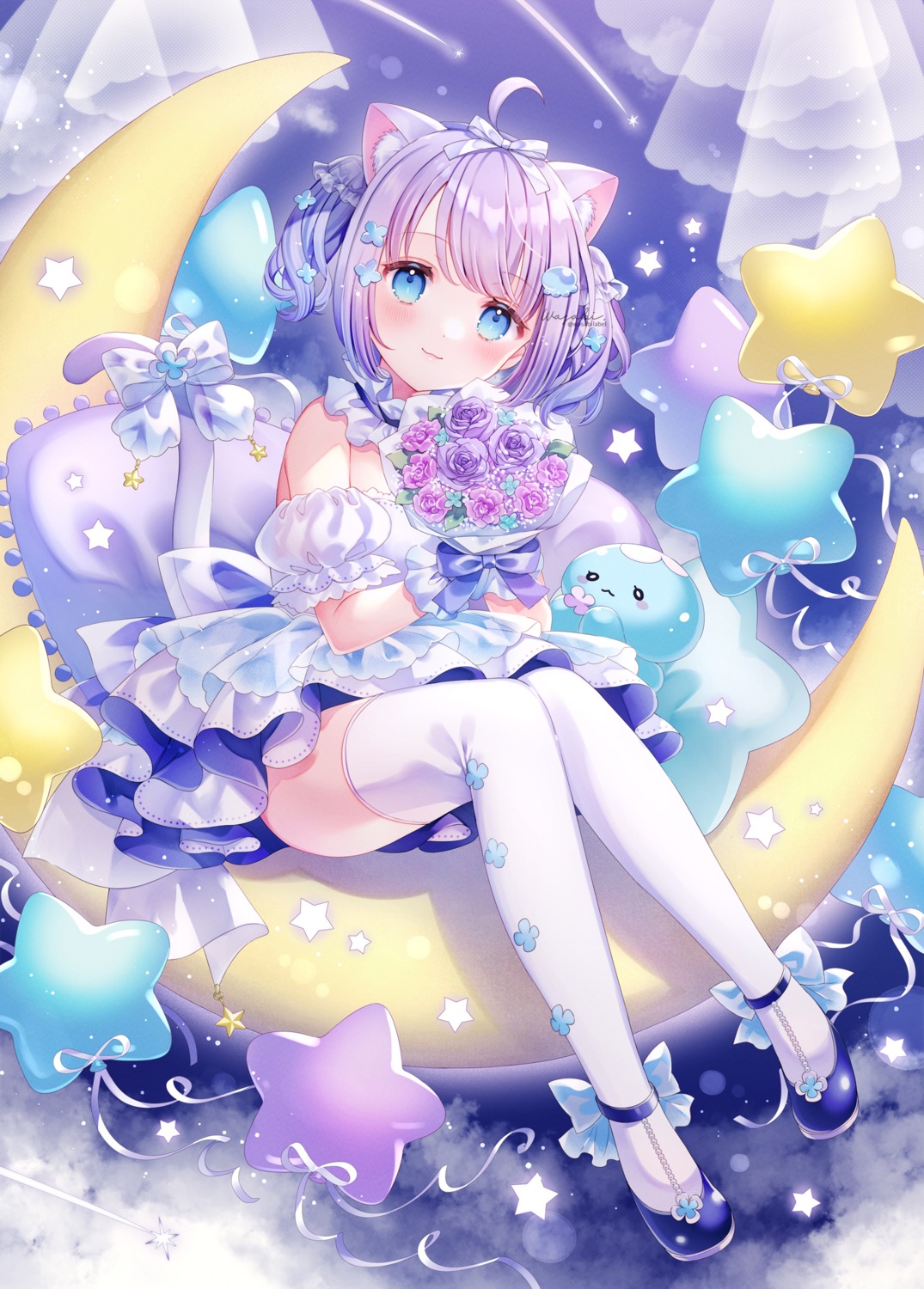 animal_ears, dress, nekomimi, tail, thighhighs, wasabi_(sekai)