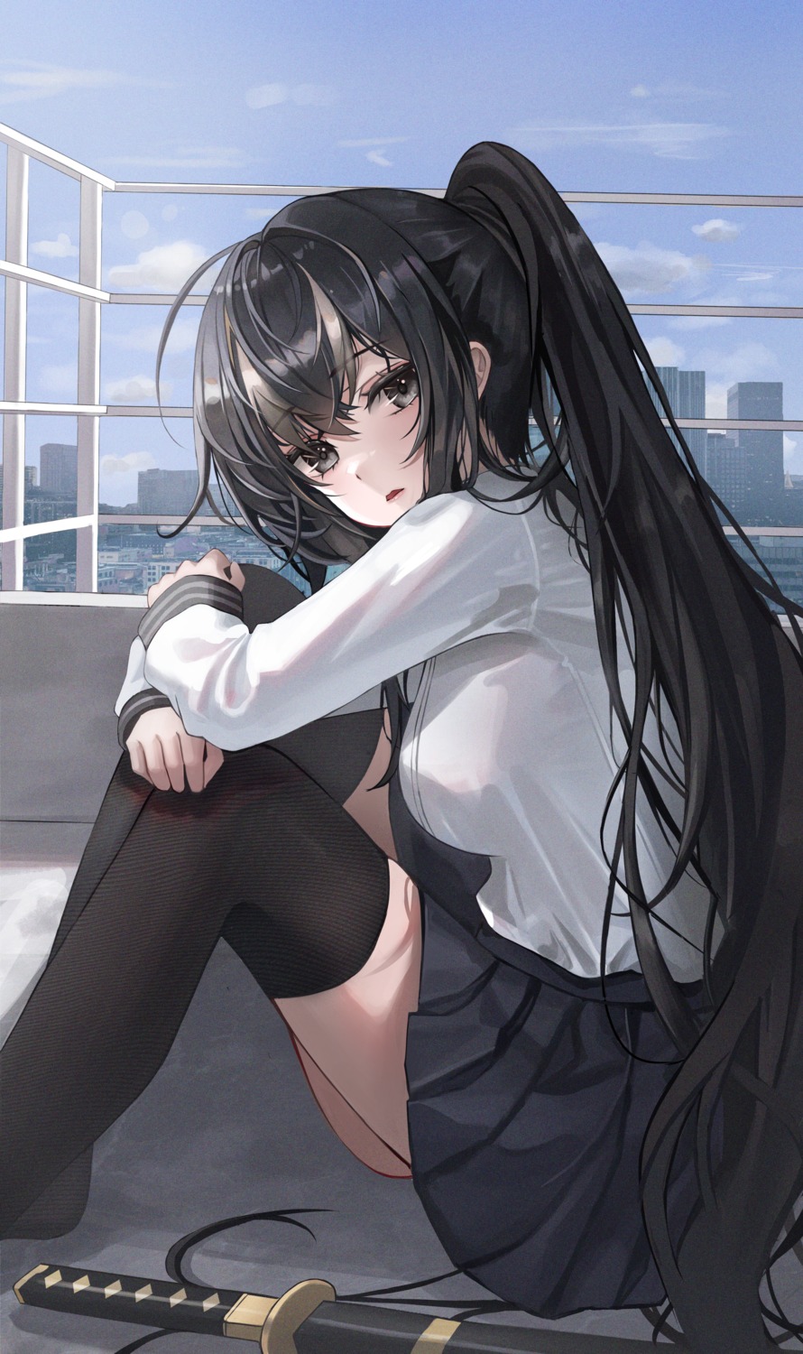 poise, seifuku, sword, thighhighs