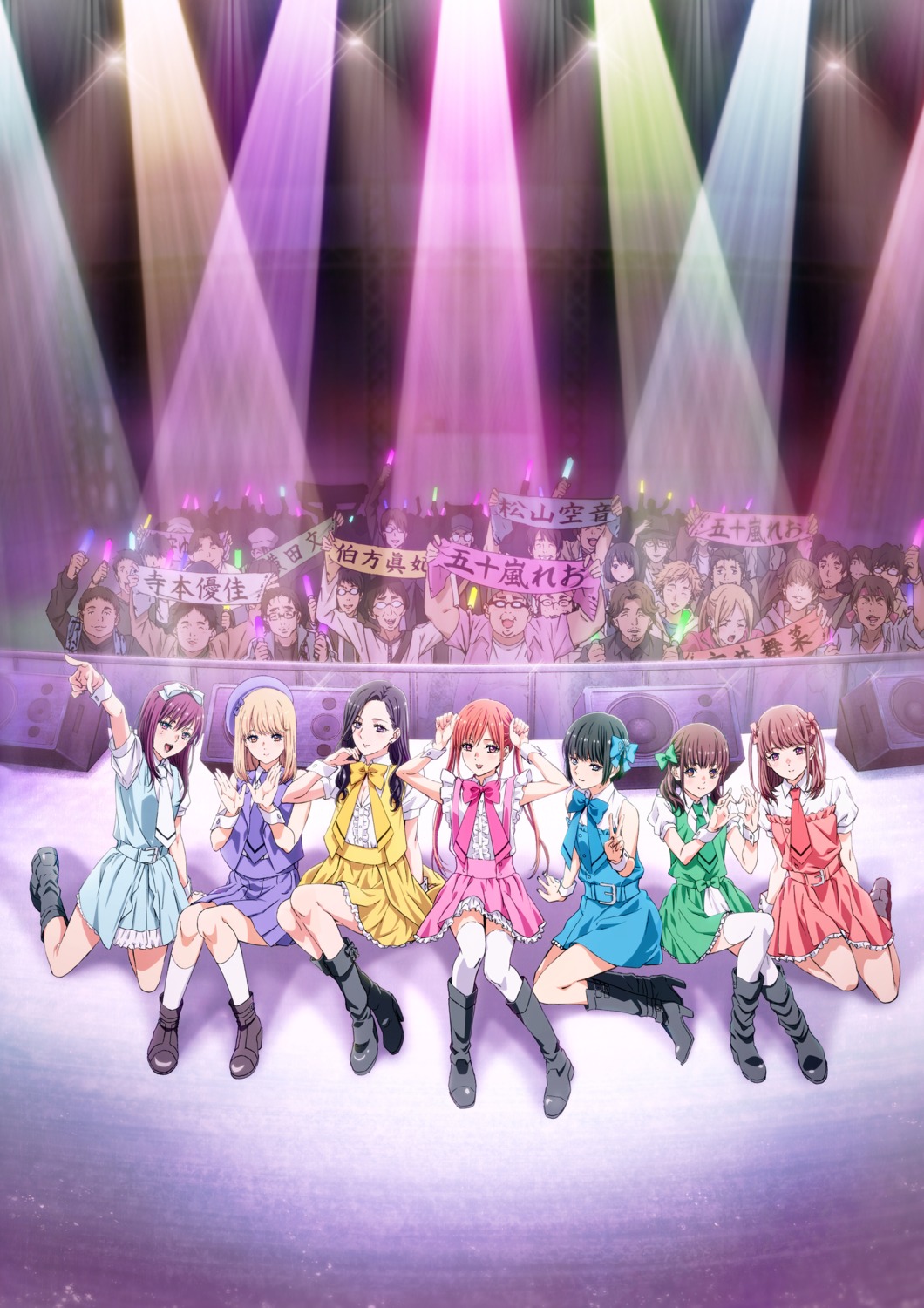 eripiyo, hakata_maki, heels, ichii_maina, igarashi_reo, matsuyama_sorane, mizumori_yumeri, oshi_ga_budoukan_itte_kuretara_shinu, skirt_lift, tagme, teramoto_yuuka, thighhighs, uniform, yokota_aya