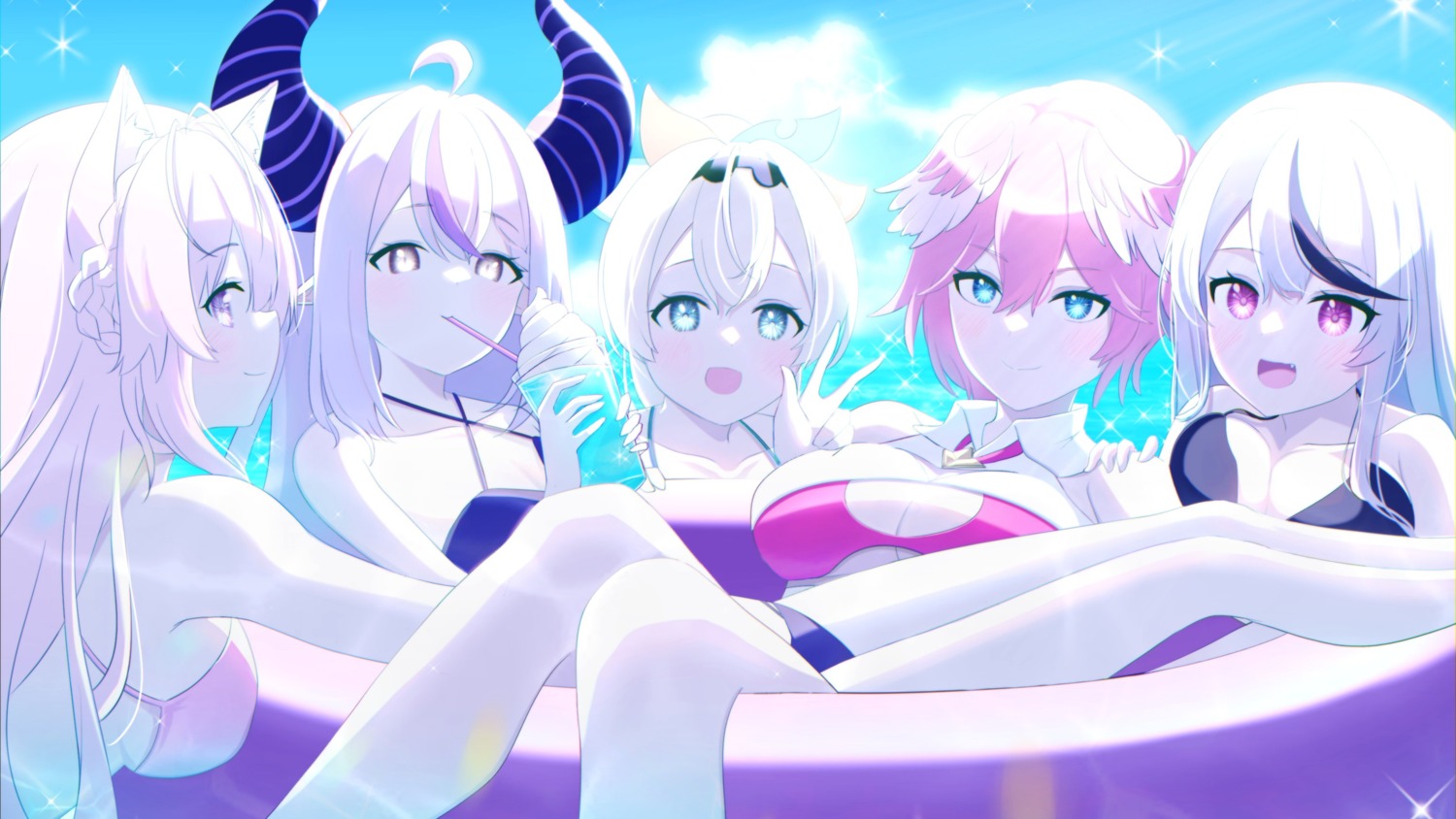 animal_ears, bikini, bikini_top, devil, foulo_paints, hakui_koyori, hololive, horns, kazama_iroha, la+_darknesss, pointy_ears, sakamata_chloe, swimsuits, takane_lui, wings
