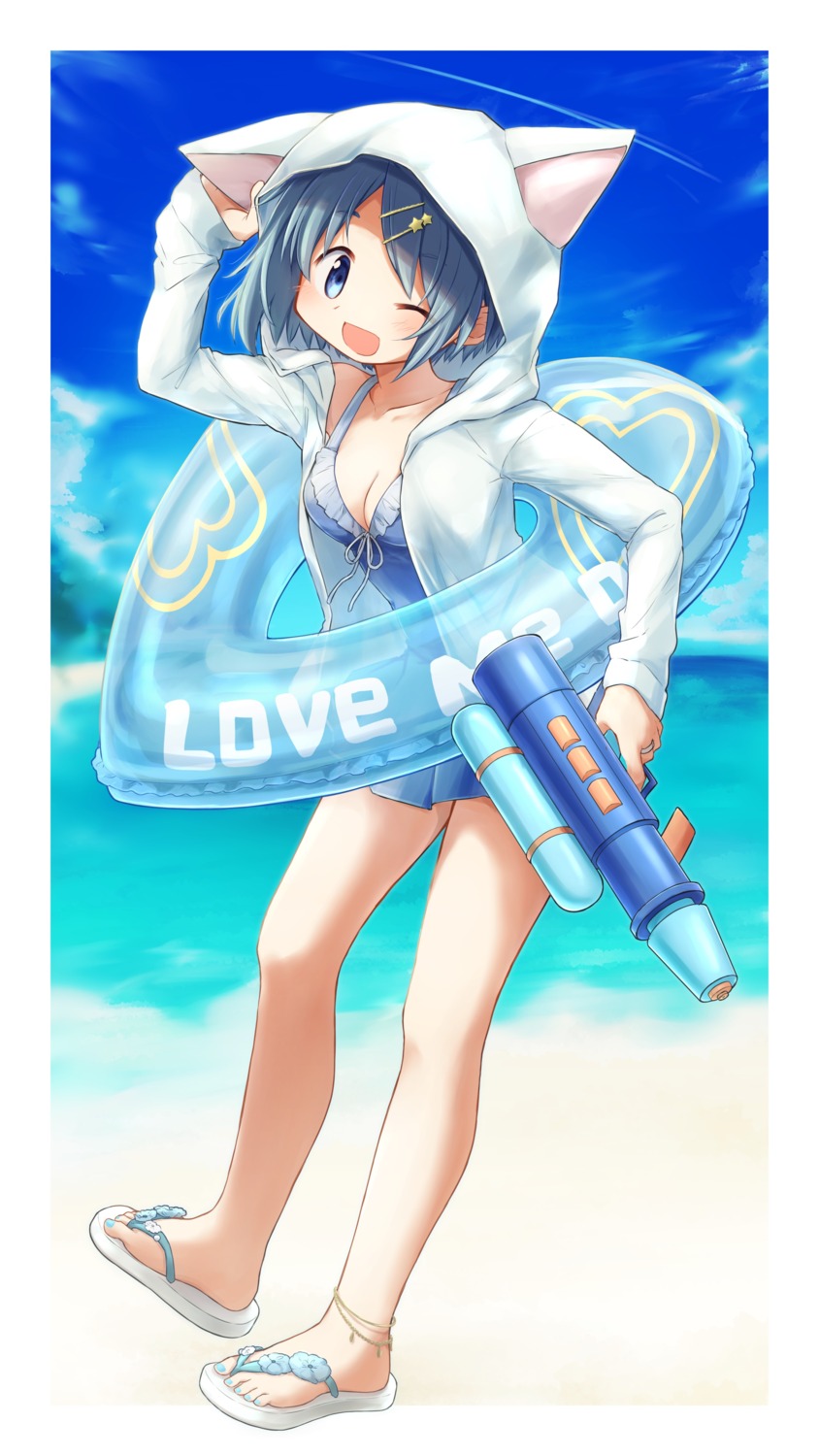 animal_ears, cleavage, gun, mahou_shoujo_madoka_magica, miki_sayaka, nekomimi, rilafm345, swimsuits