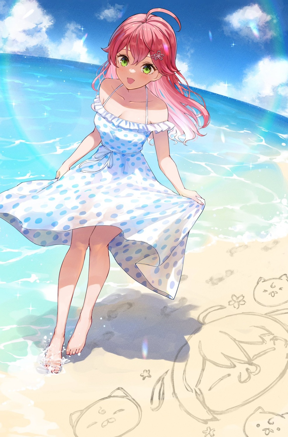 cleavage, dress, hololive, sakura_miko, see_through, skirt_lift, summer_dress, wet, yuu201023