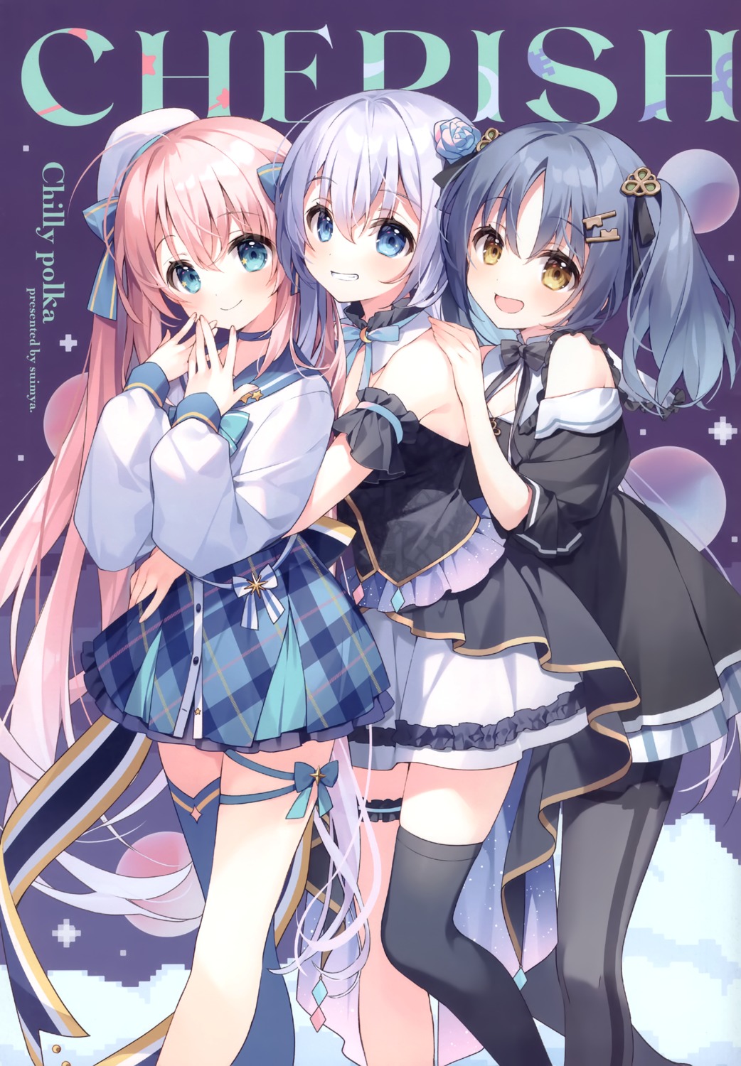 aoi_kokomo, chilly_polka, crossover, dress, garter, indie_virtual_youtuber, liver_city, nekozuki_mio, pantyhose, seifuku, shion_kirano, suimya, thighhighs