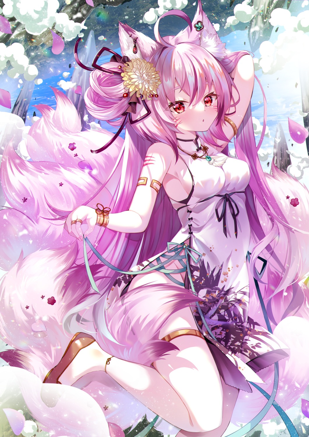 animal_ears, asian_clothes, dress, garter, tail, touka_(07touka25)