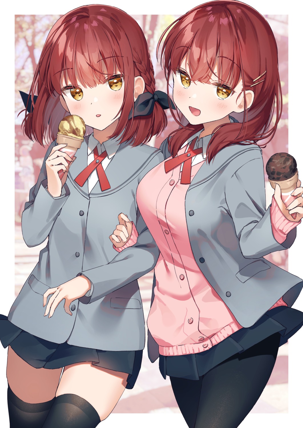 akari_(muninshiki), kazari_(muninshiki), muninshiki, pantyhose, seifuku, skirt_lift, sweater, thighhighs