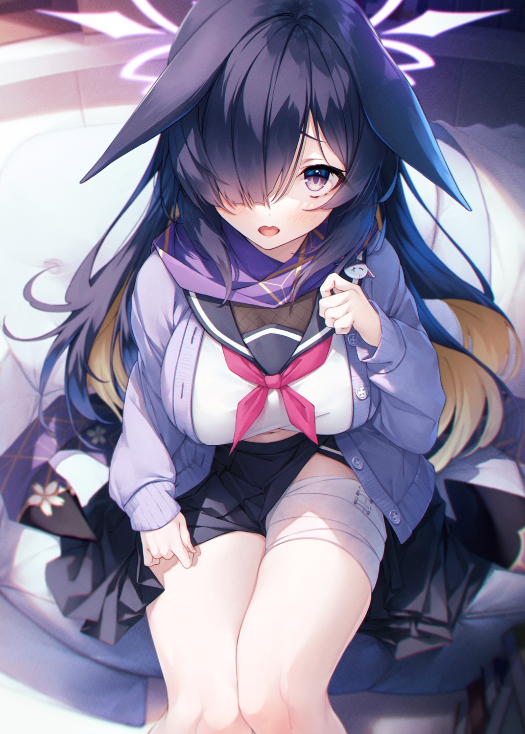 animal_ears, bandages, blue_archive, bunny_ears, halo, hasumi_(hasubatake39), oono_tsukuyo, seifuku, skirt_lift, sweater