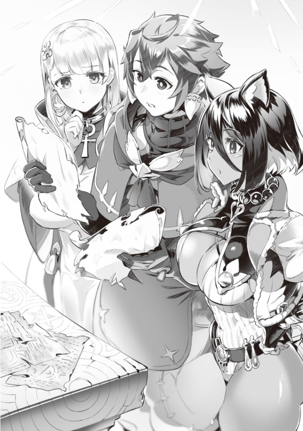 animal_ears, birena, cleavage, dappou_tamer_no_nariagari_boukentan, lily_lunacyl, monochrome, nekomimi, ookuma_nekosuke, thighhighs