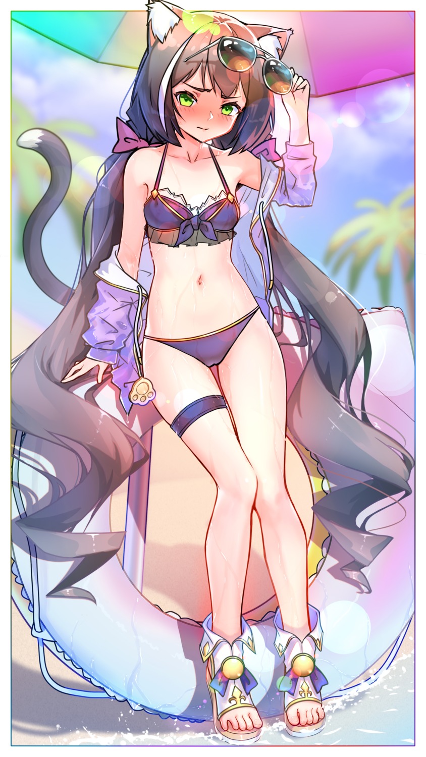 animal_ears, bikini, garter, karyl_(princess_connect), megane, nekomimi, open_shirt, phi_str, princess_connect!, princess_connect!_re:dive, swimsuits, tail, wet