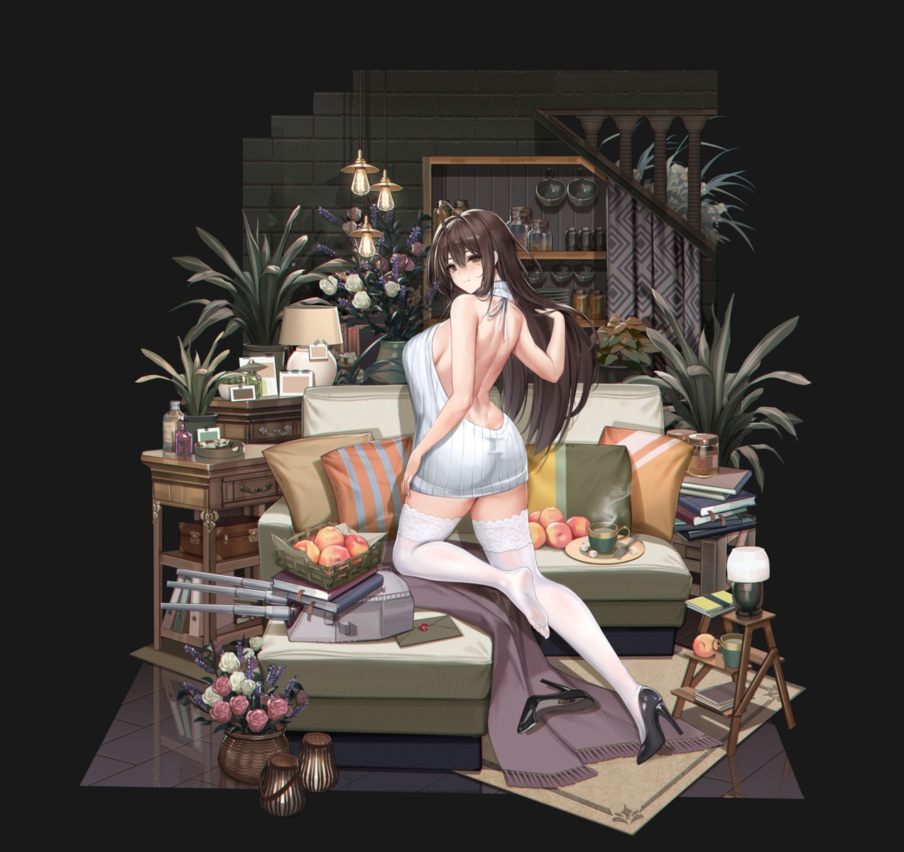 ass, black_surgenight, dress, feet, heels, no_bra, sweater, thighhighs