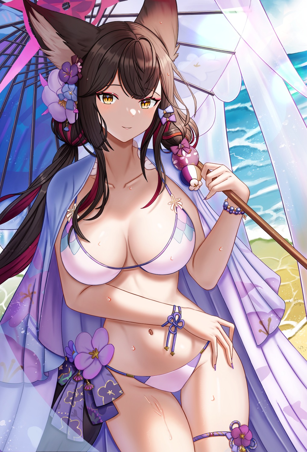 animal_ears, bikini, blue_archive, garter, halo, japanese_clothes, kitsune, kosaka_wakamo
