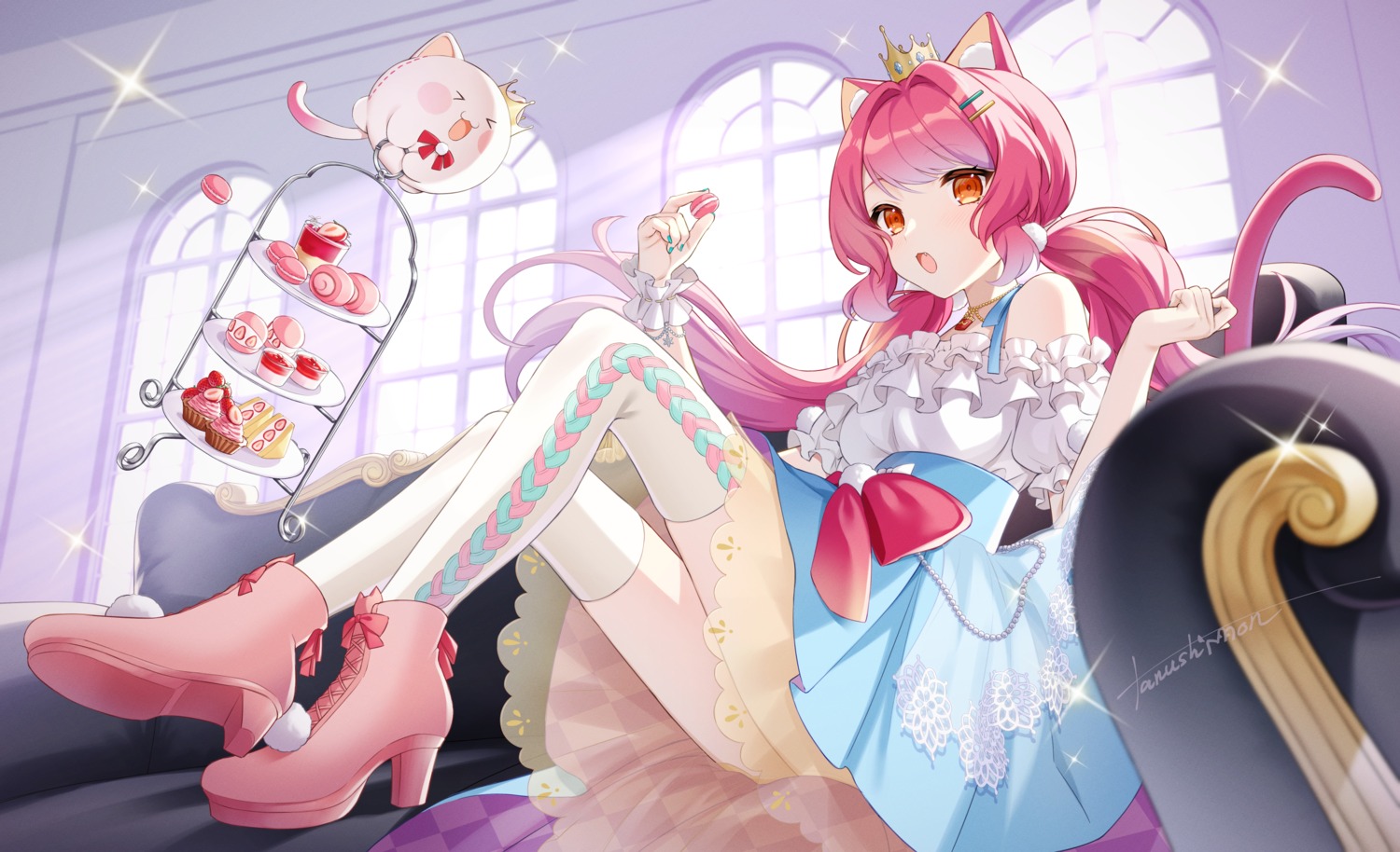 animal_ears, dress, heels, indie_virtual_youtuber, nekomimi, see_through, skirt_lift, tail