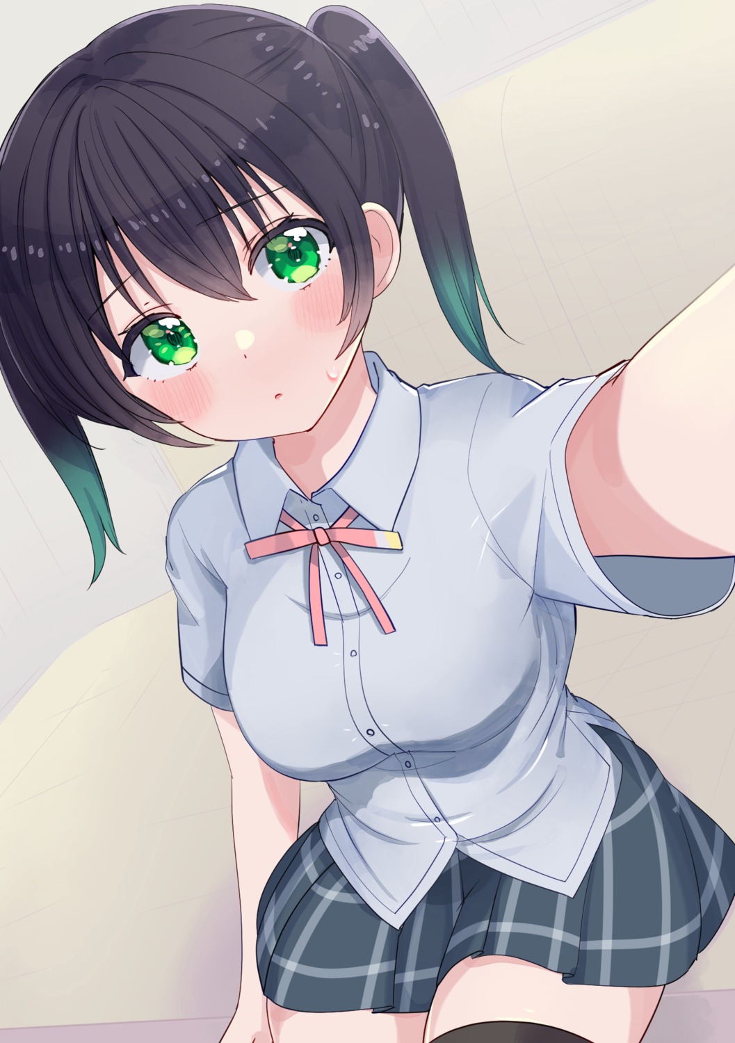 cream_(artist), love_live!_(series), love_live!_nijigasaki_gakuen_school_idol_doukoukai, seifuku, selfie, takasaki_yuu, thighhighs