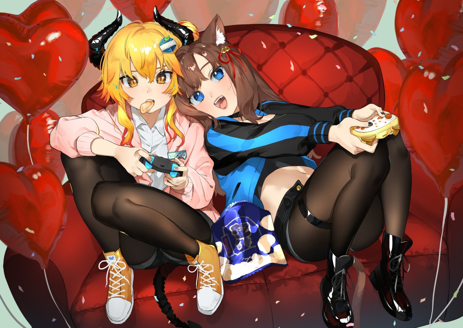 animal_ears, garter, horns, mayuri_kaichou, nekomimi, pantyhose, sweater