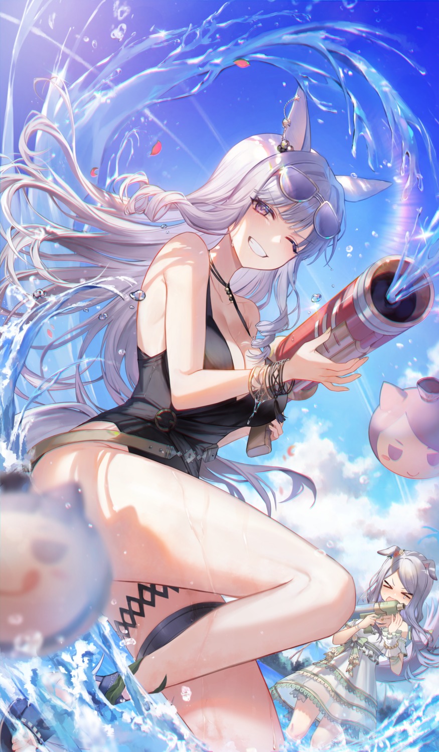 animal_ears, cleavage, dress, garter, gold_ship_(umamusume), gun, gz_(gyoju), megane