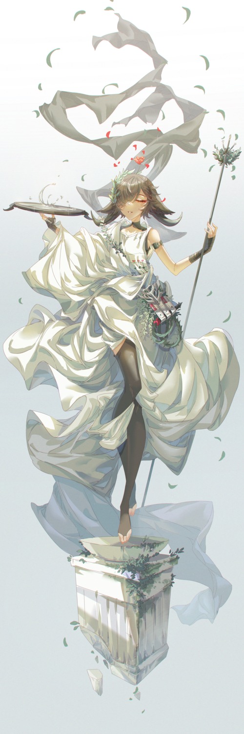 animal_ears, arknights, dress, horns, innoarukugyou, pallas_(arknights), thighhighs, weapon