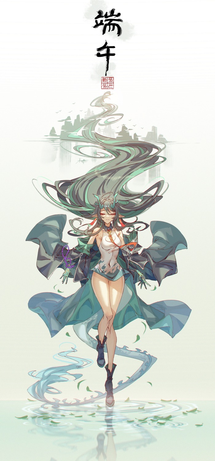 arknights, dress, dusk_(arknights), horns, innoarukugyou, pointy_ears, tail