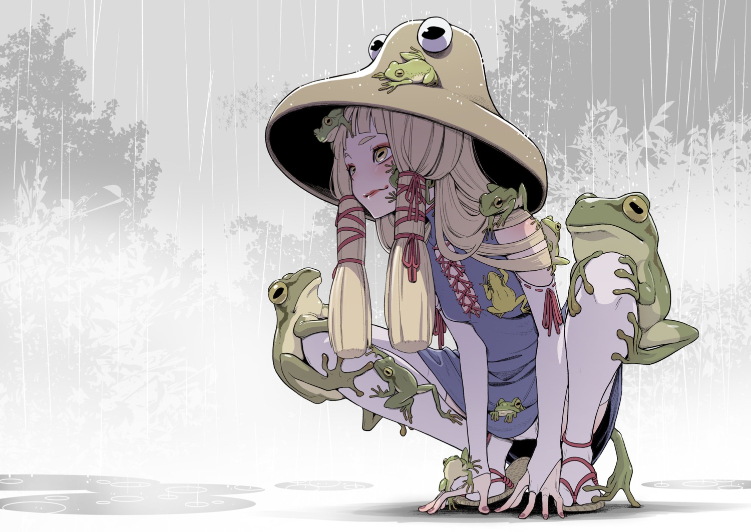 dress, kawayabug, moriya_suwako, no_bra, pantsu, skirt_lift, thighhighs, touhou